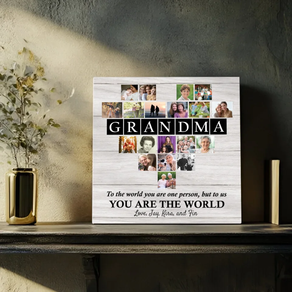 Personalized Heart-Shaped Photo Canvas for Grandma – You Are the World