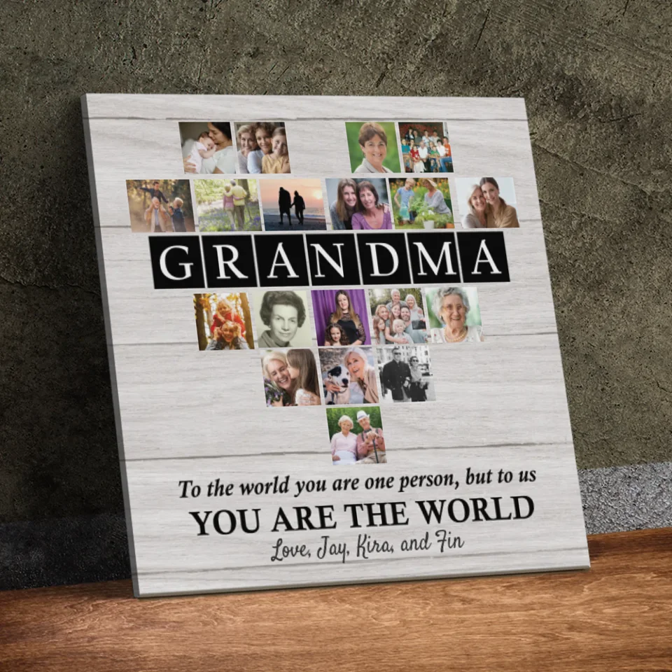 Personalized Heart-Shaped Photo Canvas for Grandma – You Are the World