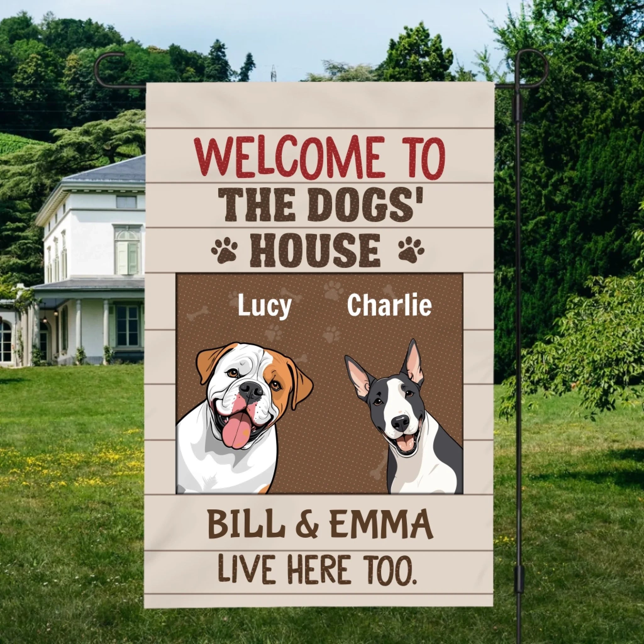 Welcome to the Dogs’ House Flag – Personalized Icons & Names by 89Prints
