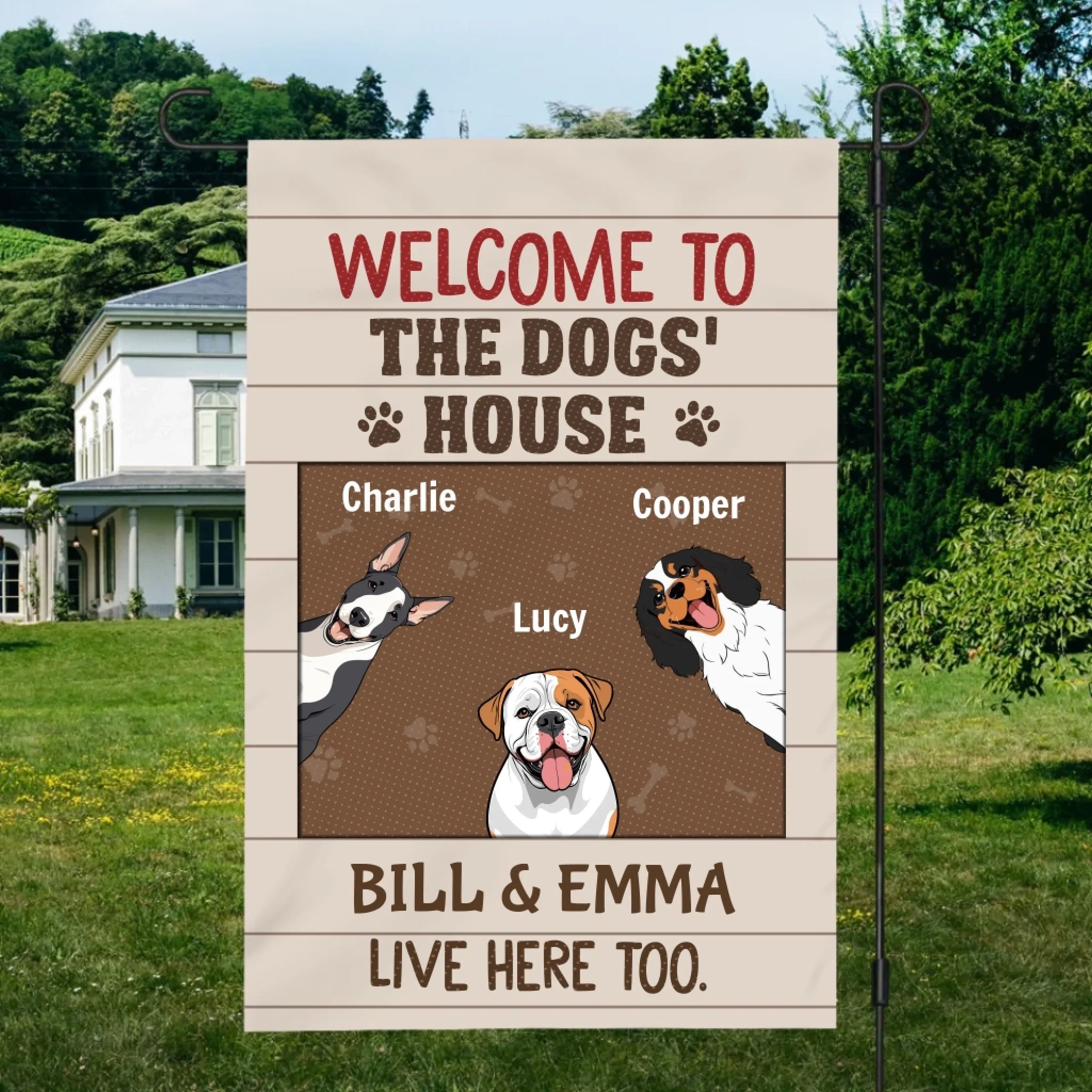 Welcome to the Dogs’ House Flag – Personalized Icons & Names by 89Prints