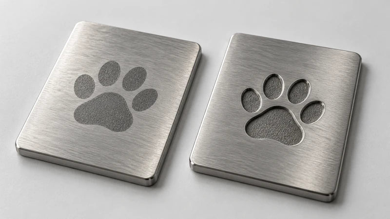 Laser-etched and laser-engraved metal samples with matching paw print designs.