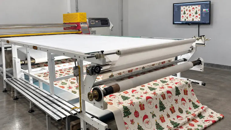 Industrial roll-to-roll sublimation heat press machine transferring Christmas pattern onto fabric roll