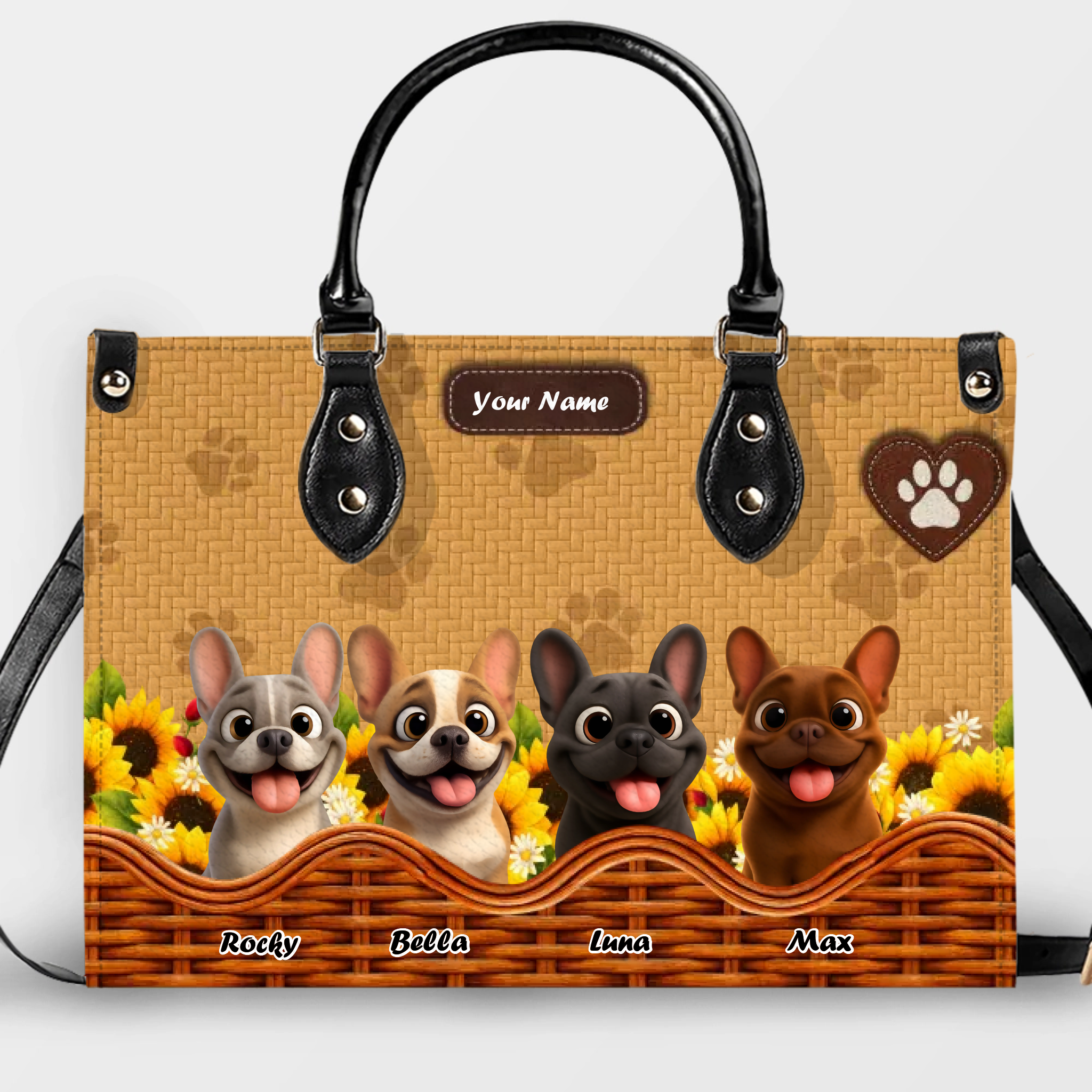 Customized Frenchie Leather Handbag – Sunflower Basket Dog Mom Gift