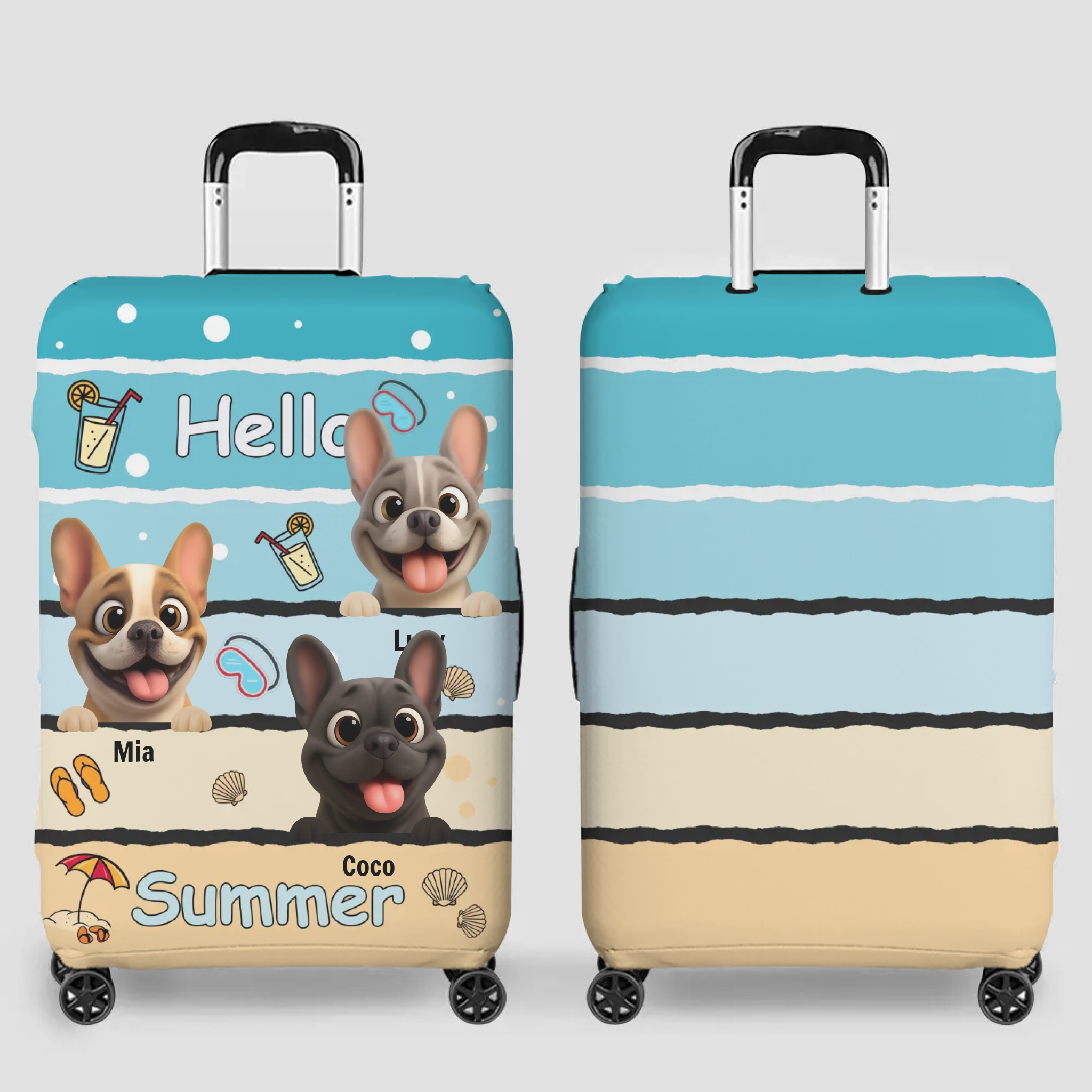Personalized Frenchie Luggage Cover – Hello Summer Dog Name Suitcase Protector