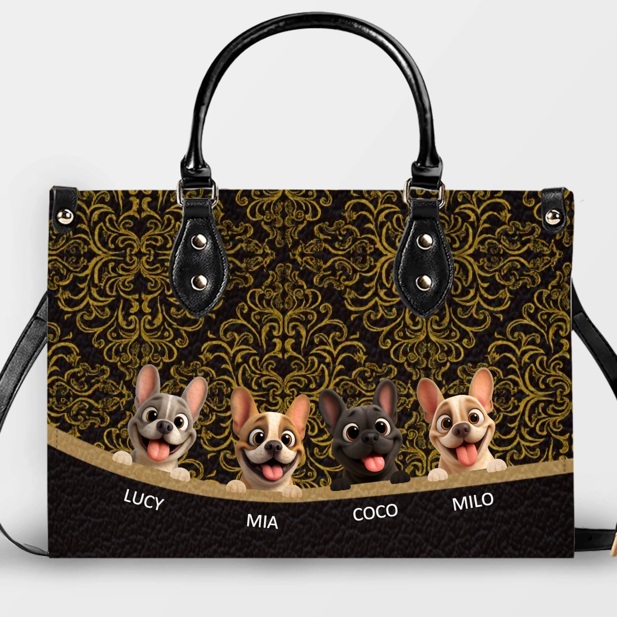 Custom French Bulldog Handbag – Luxury Gold Damask Dog Mom Gifts