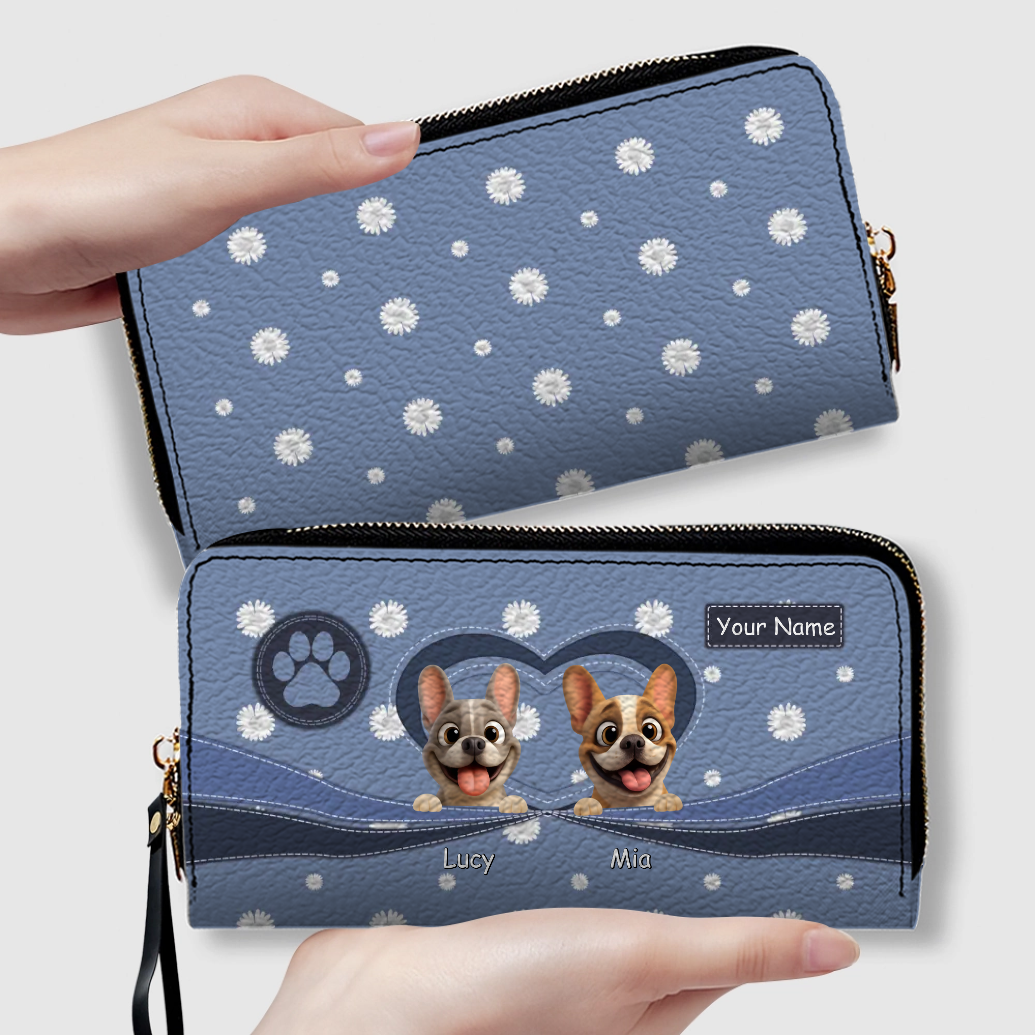Personalized French Bulldog Wallet – Custom Daisy Flower Leather Clutch
