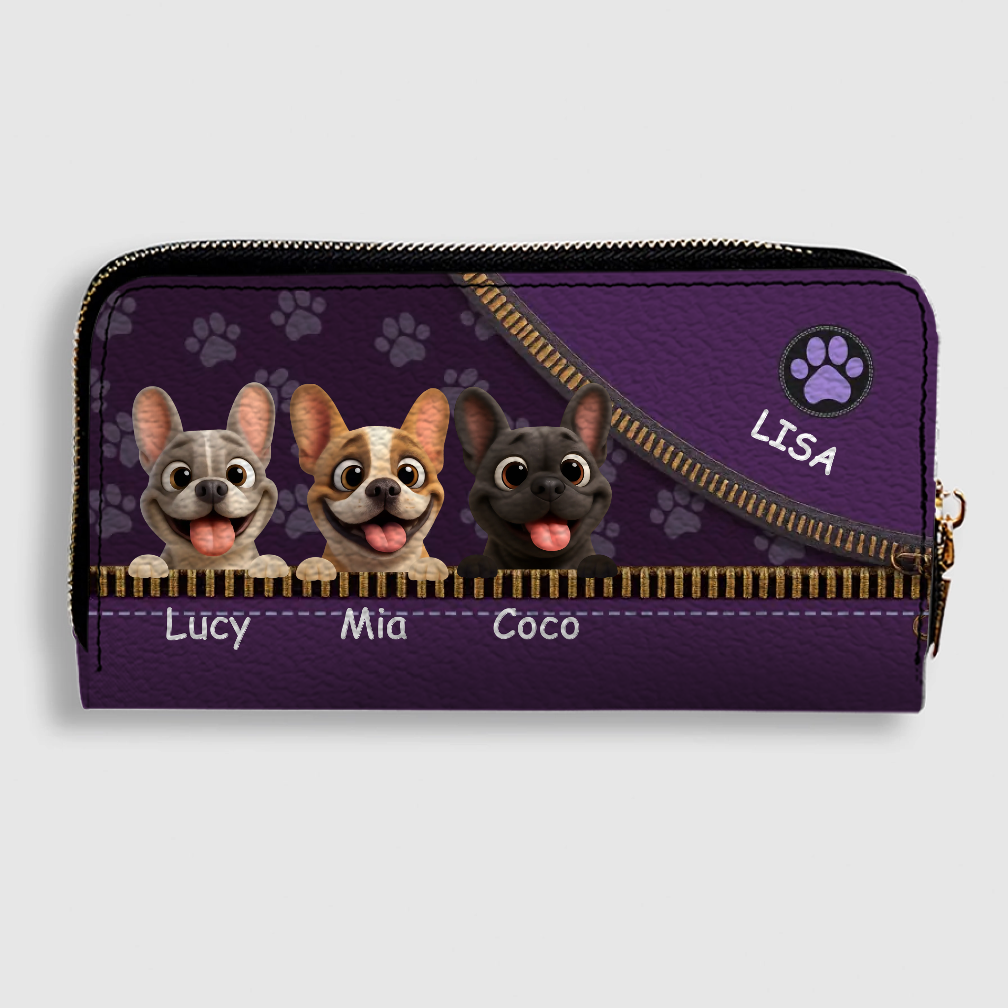 Custom French Bulldog Wallet – Purple Zipper Design Clutch For Dog Lovers