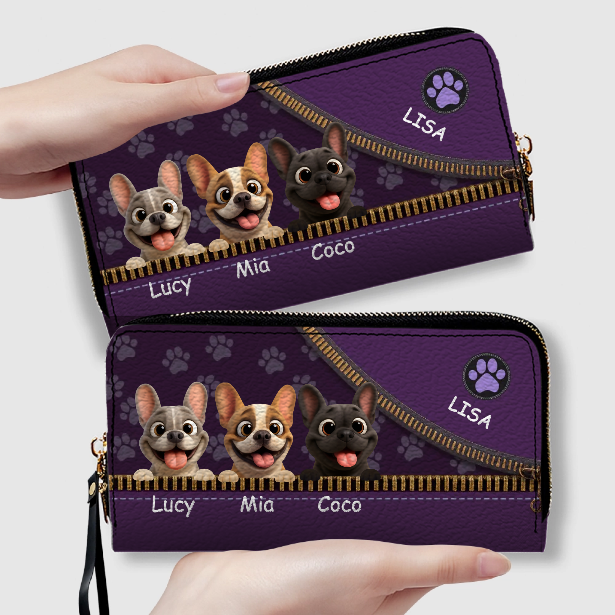 Custom French Bulldog Wallet – Purple Zipper Design Clutch For Dog Lovers