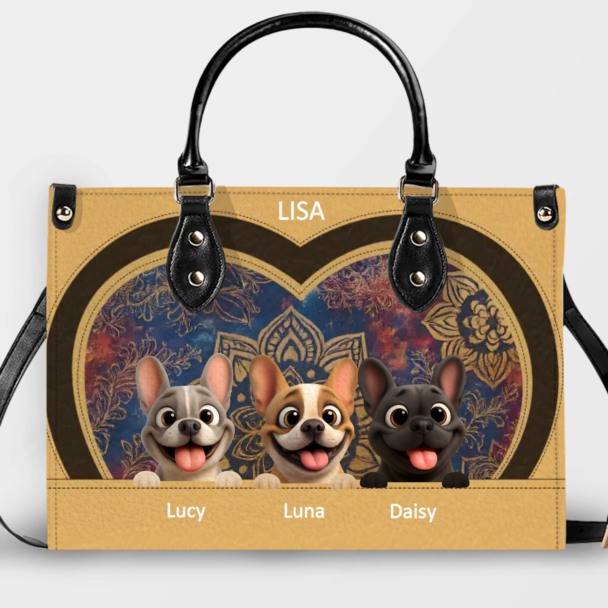 Custom French Bulldog Handbag – Mandala Heart Tan Leather For Dog Lovers