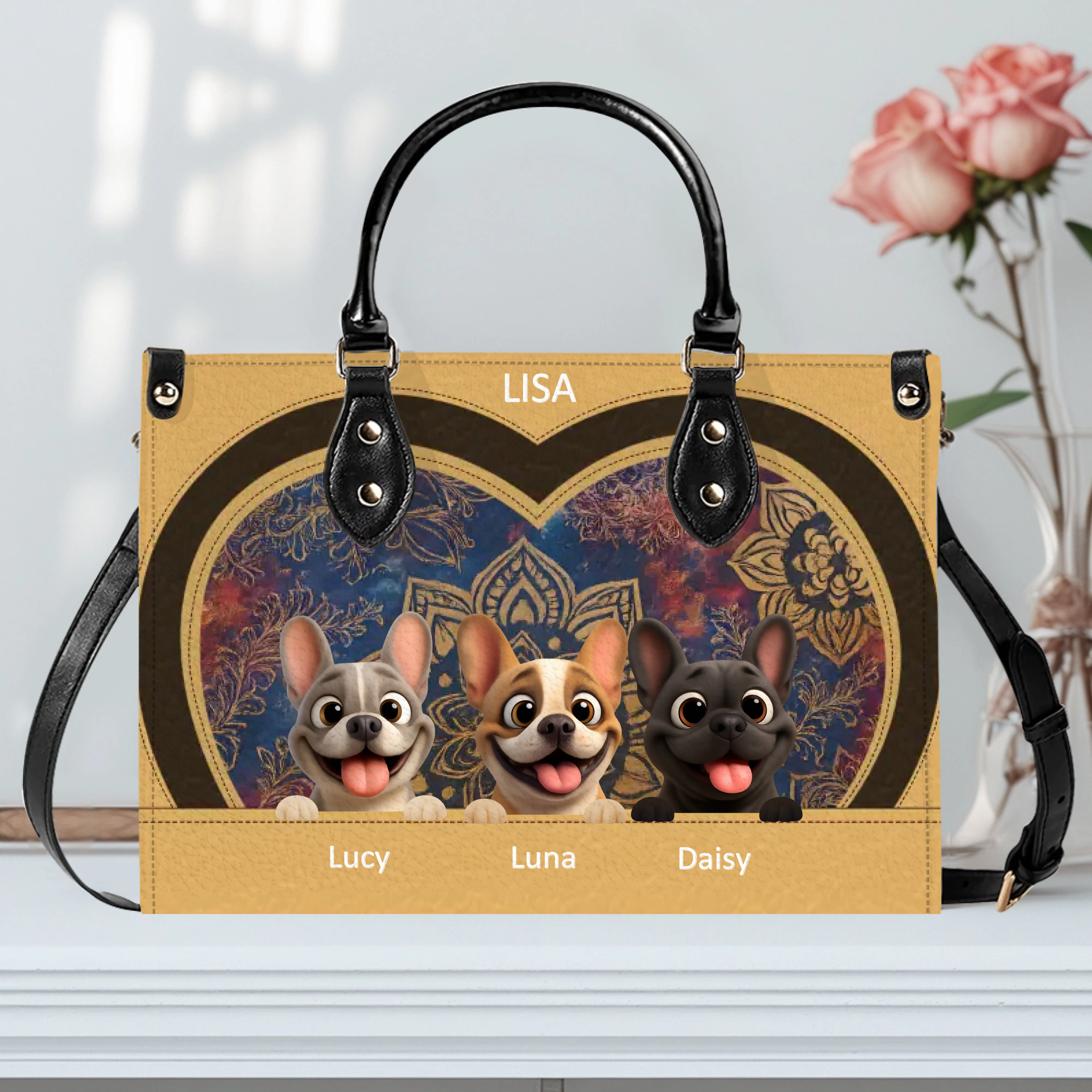 Custom French Bulldog Handbag – Mandala Heart Tan Leather For Dog Lovers