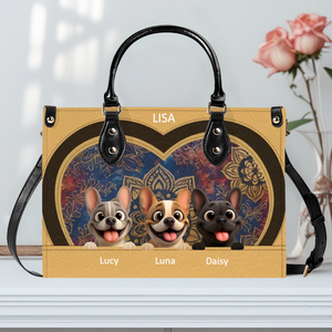 Custom French Bulldog Handbag – Mandala Heart Tan Leather For Dog Lovers