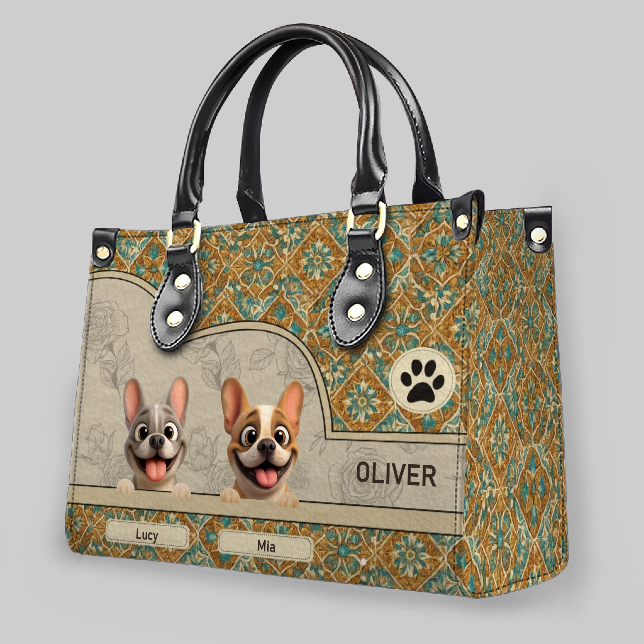 Handbag with Personalized Frenchie For Dog Lovers – Vintage Mosaic Tile Floral Purse