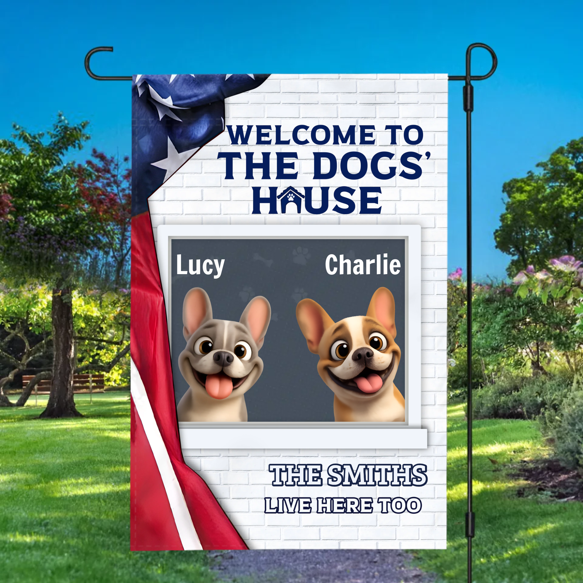 Garden Flag with Personalized Frenchie – Patriotic American Flag Welcome Sign