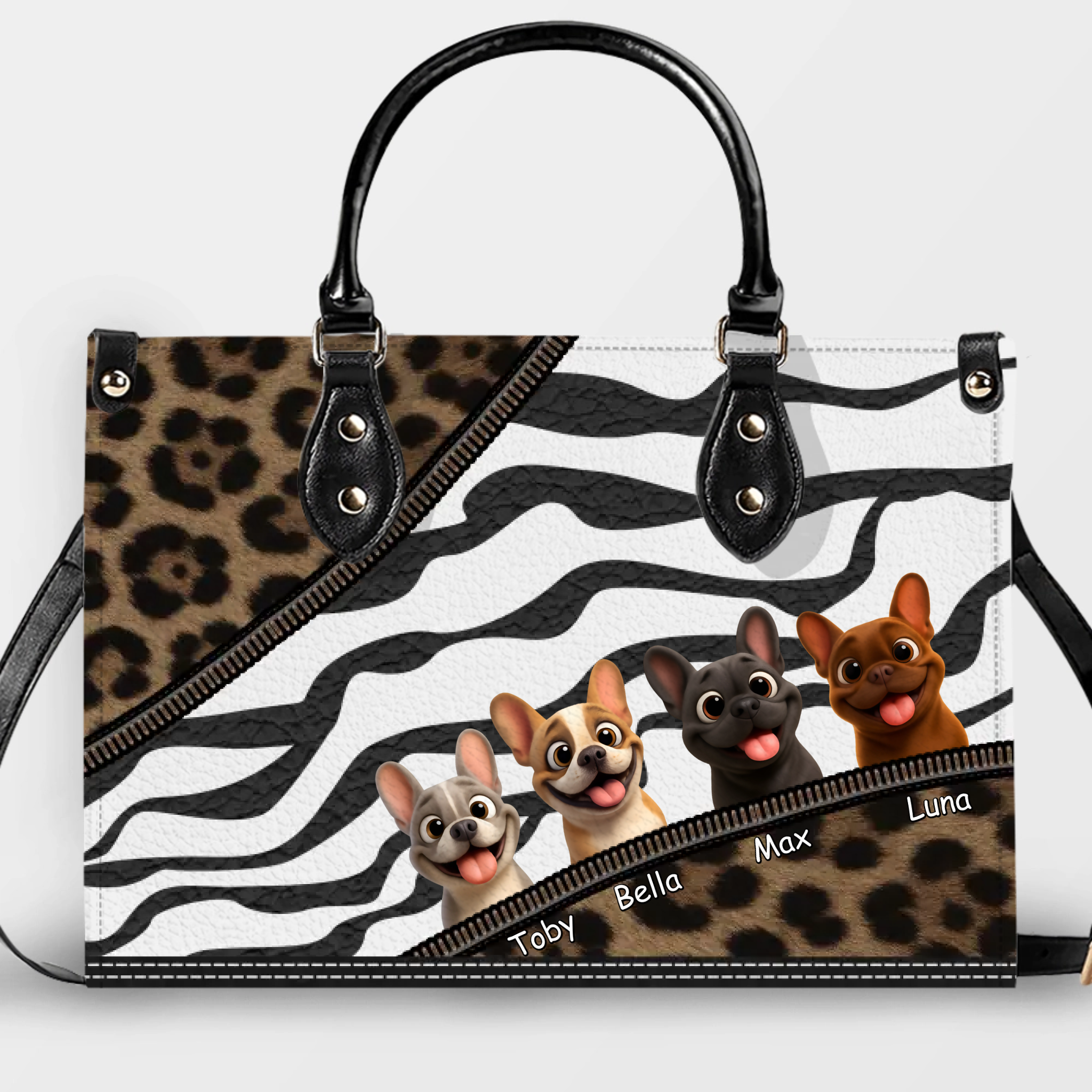 Personalized Frenchie Leopard Zebra Print Handbag – Custom Name Dog Mom Bag