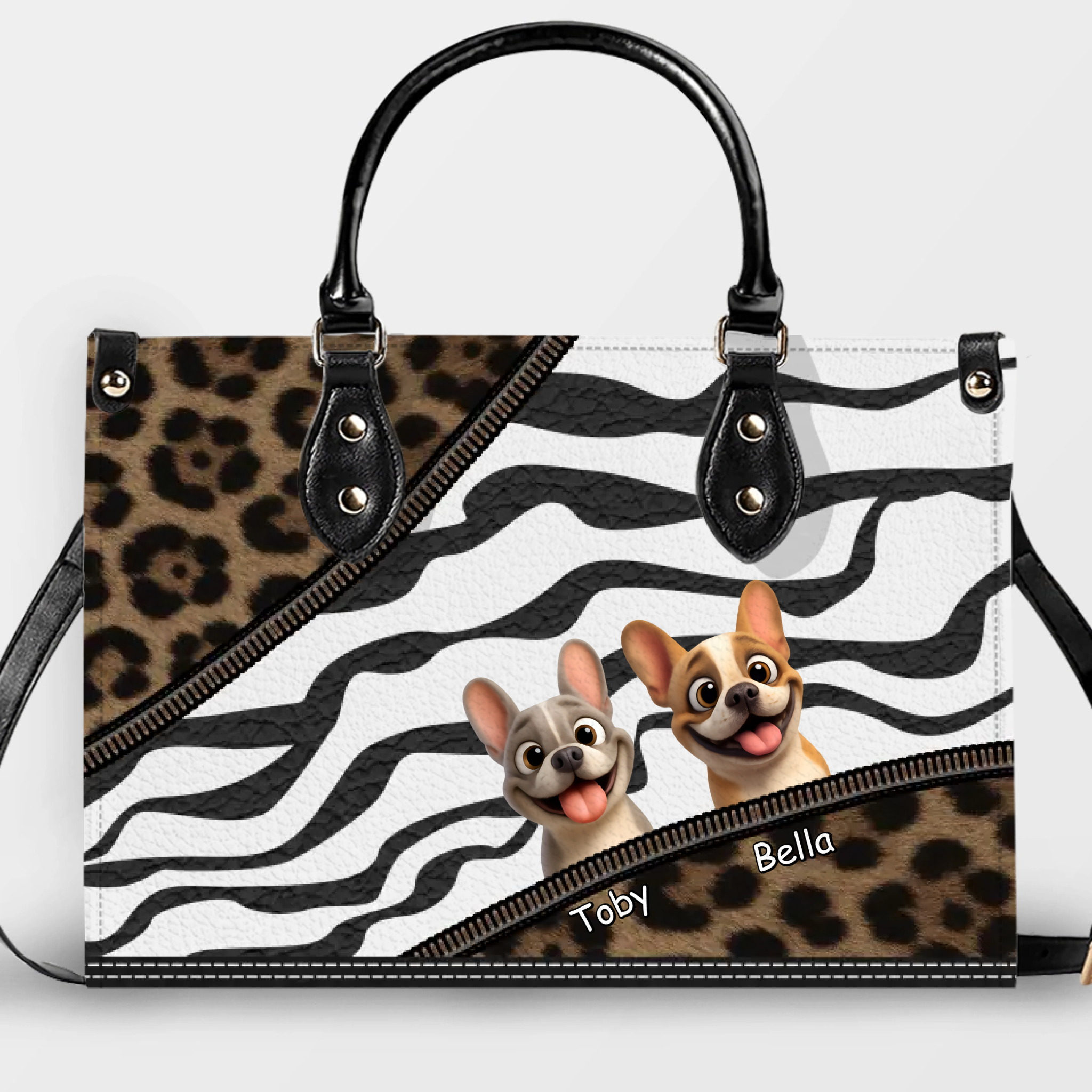 Personalized Frenchie Leopard Zebra Print Handbag – Custom Name Dog Mom Bag