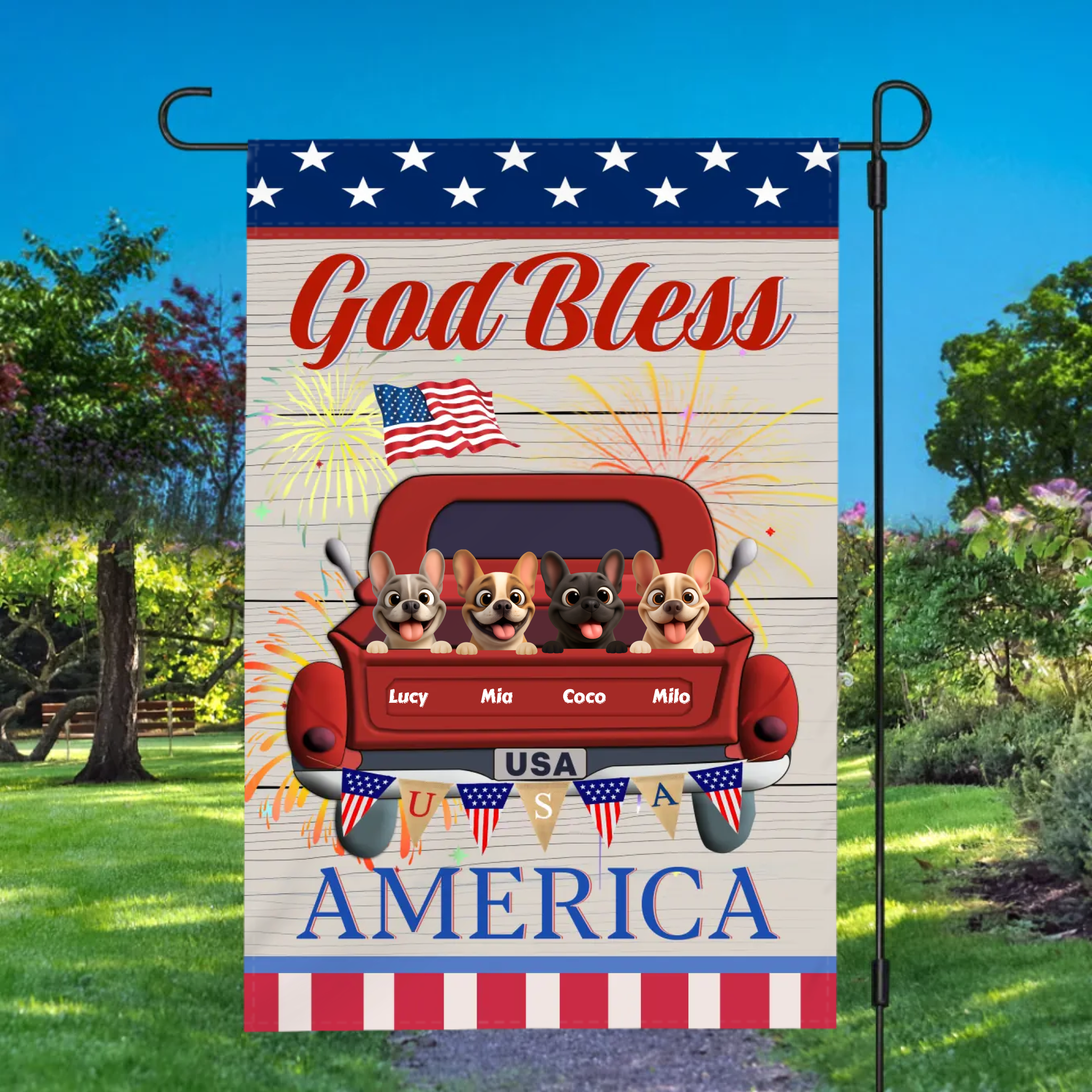 Bespoke French Bulldog Flag – Vintage God Bless America Red Truck For Dog Lovers