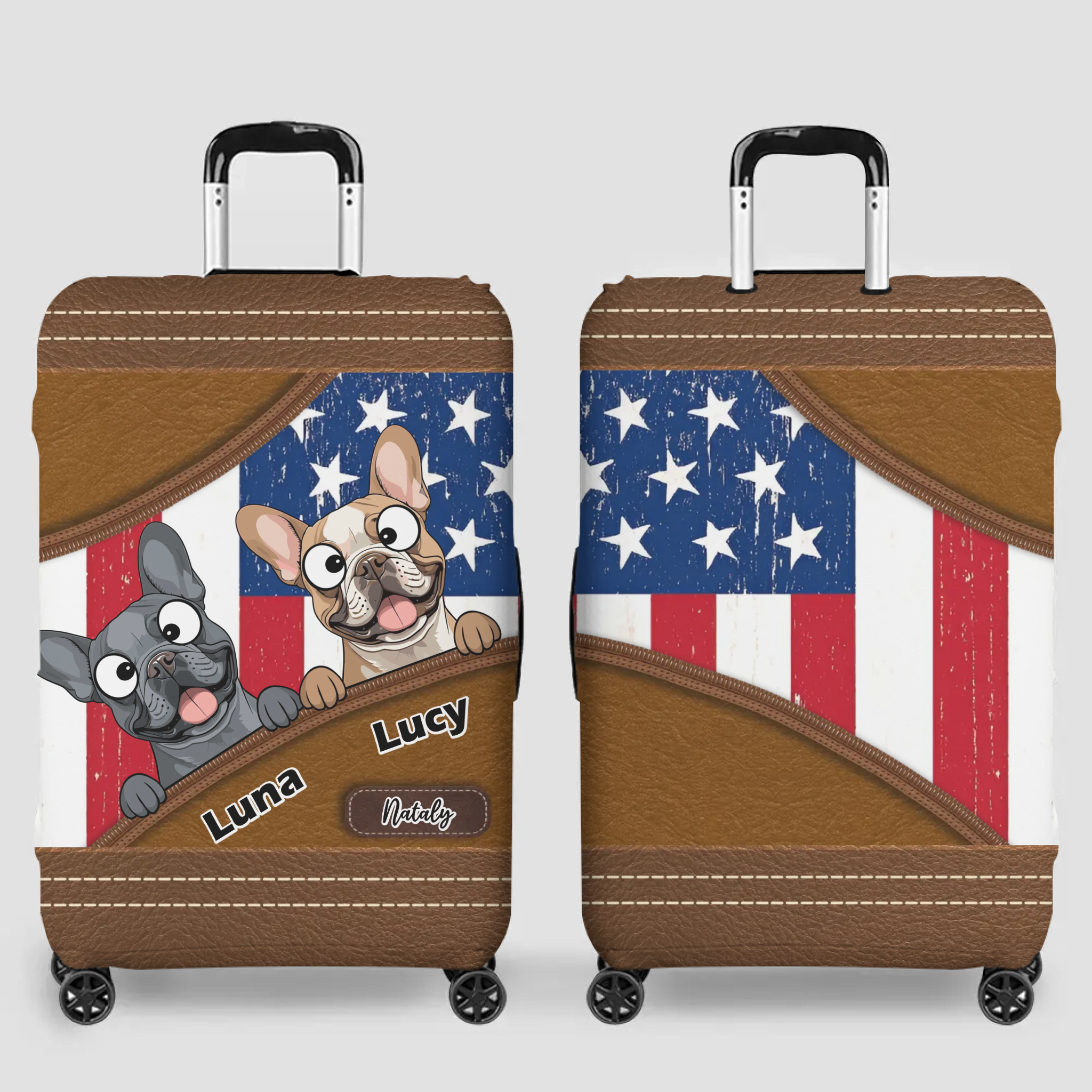 Bespoke French Bulldog US Flag Luggage Cover – Personalized Vintage Travel Gift