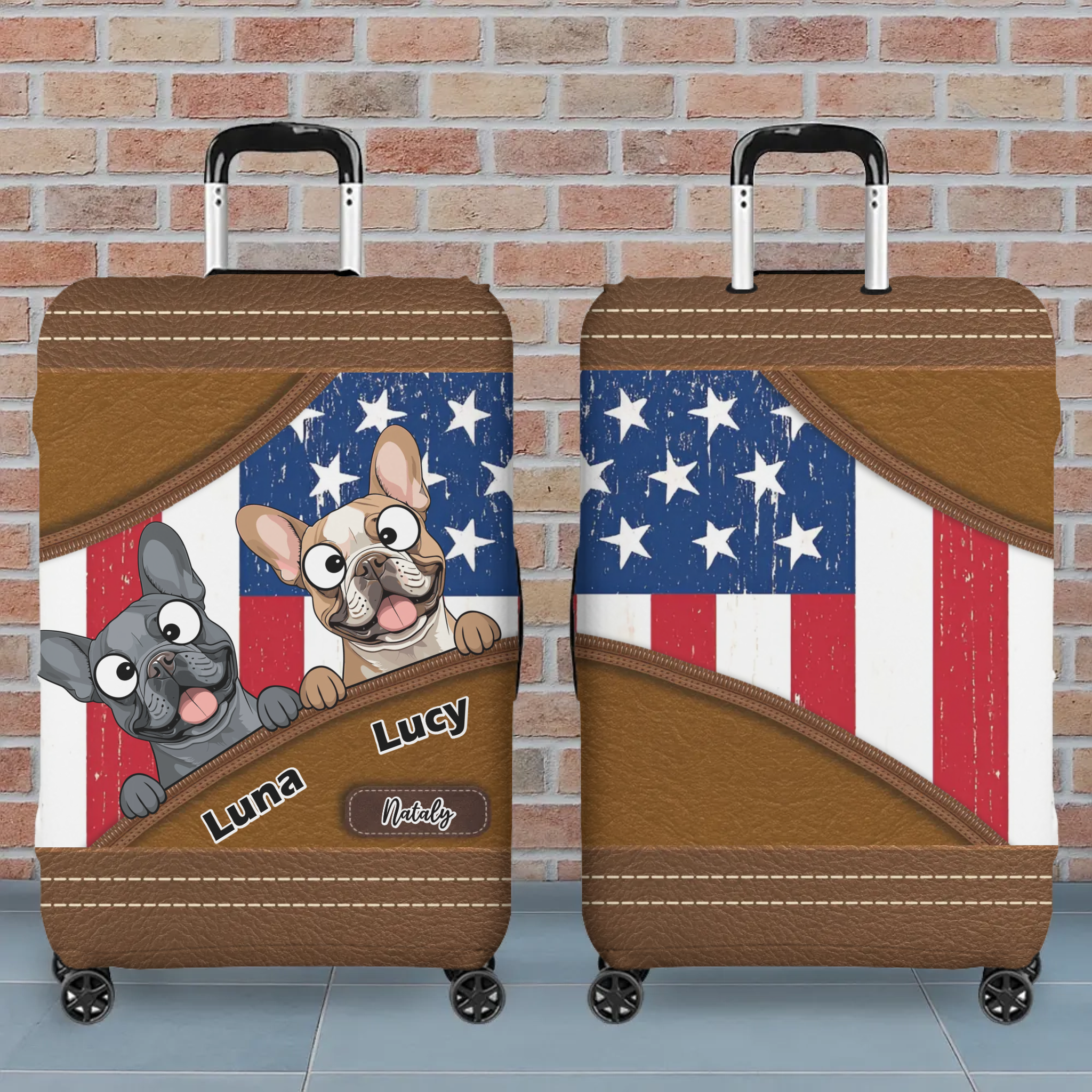Bespoke French Bulldog US Flag Luggage Cover – Personalized Vintage Travel Gift