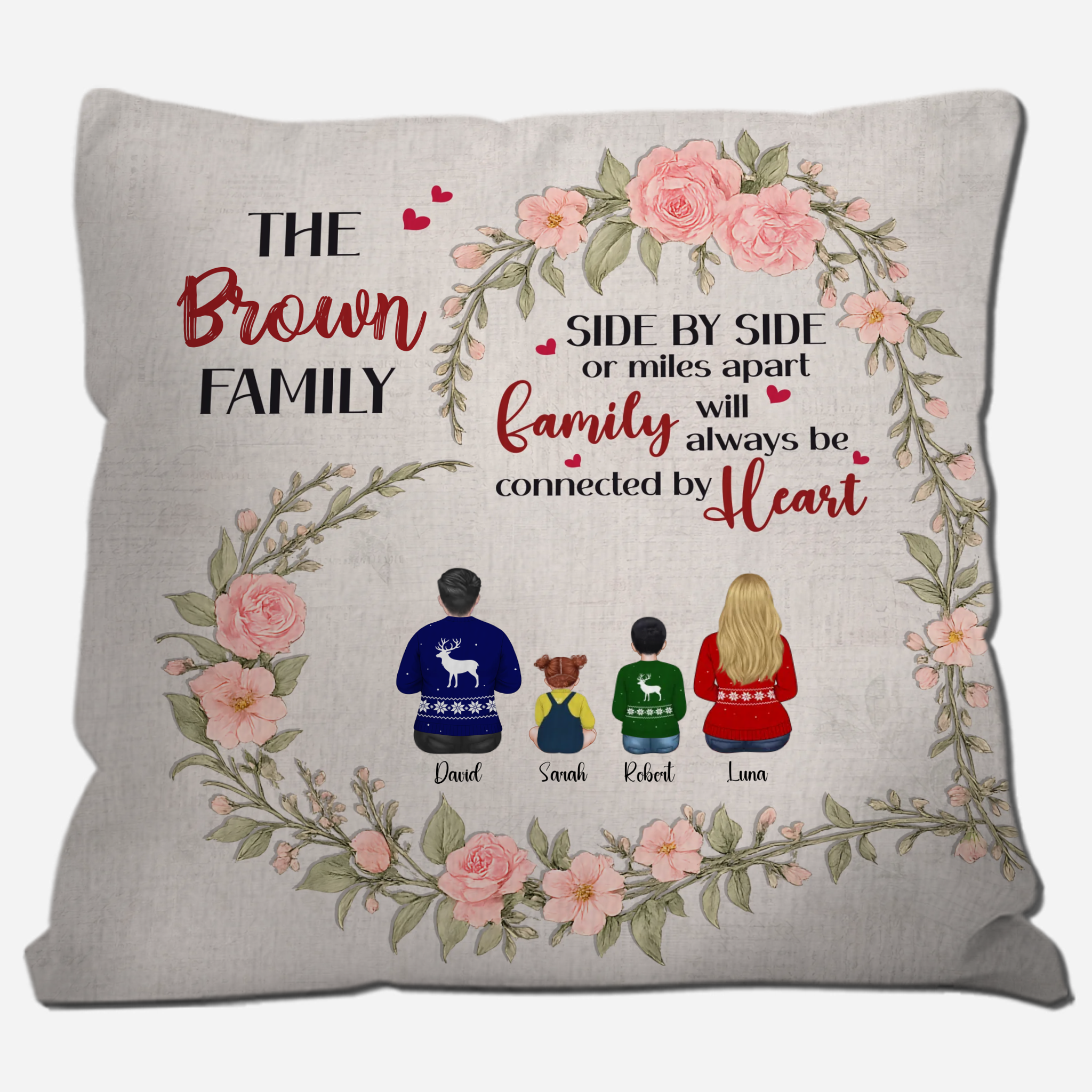 Customized Pink Rose Heart Wreath Pillow – Side by Side Family Unique Present