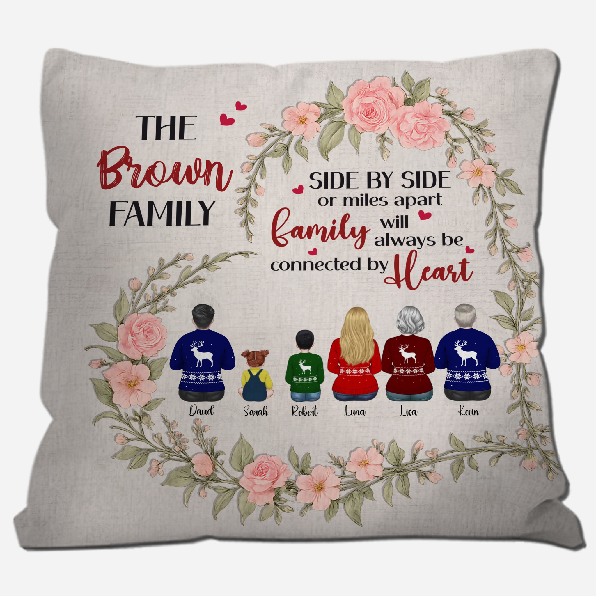 Customized Pink Rose Heart Wreath Pillow – Side by Side Family Unique Present