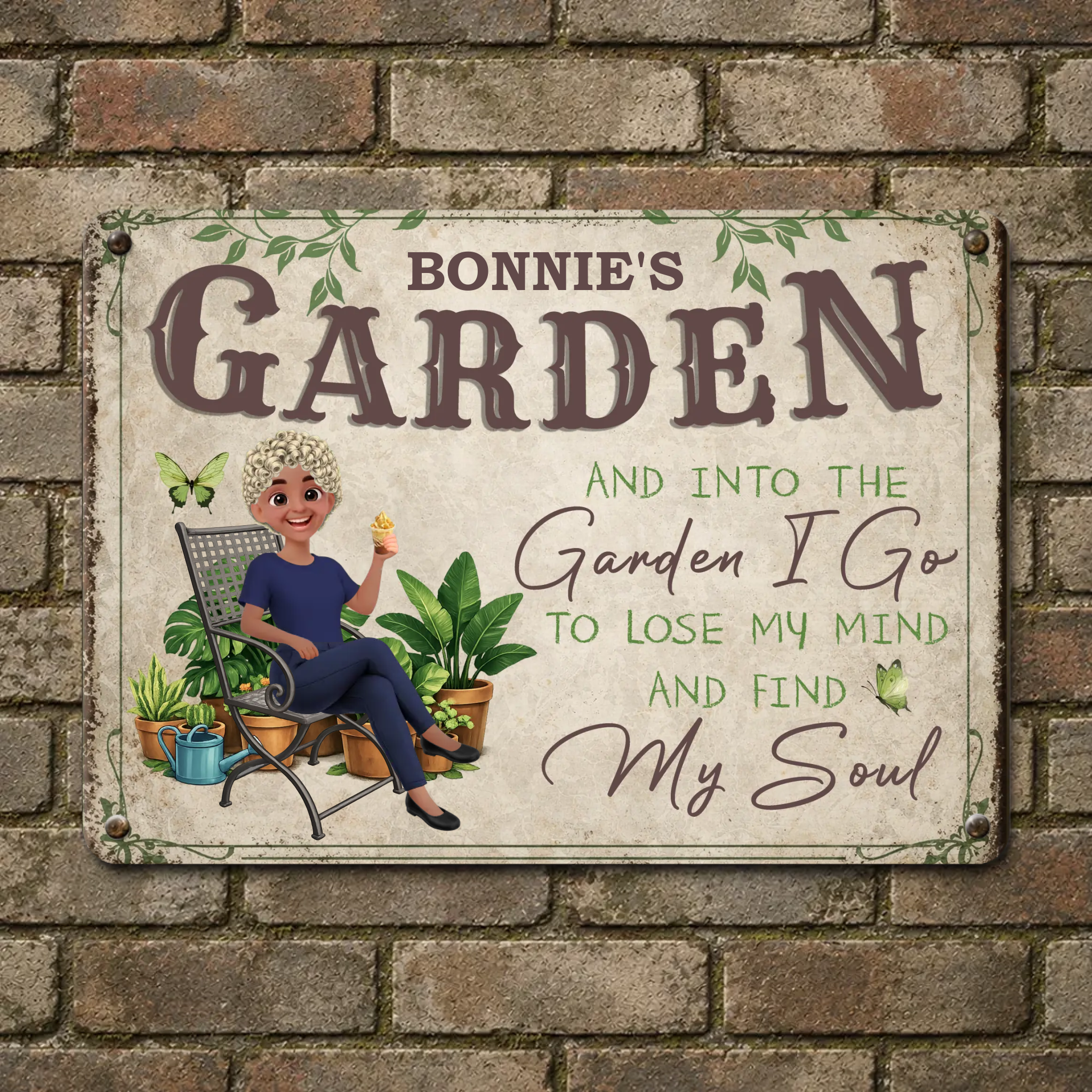 Unique Custom Metal Signs – Cozy Sitting Girl Butterfly Gift For Gardeners