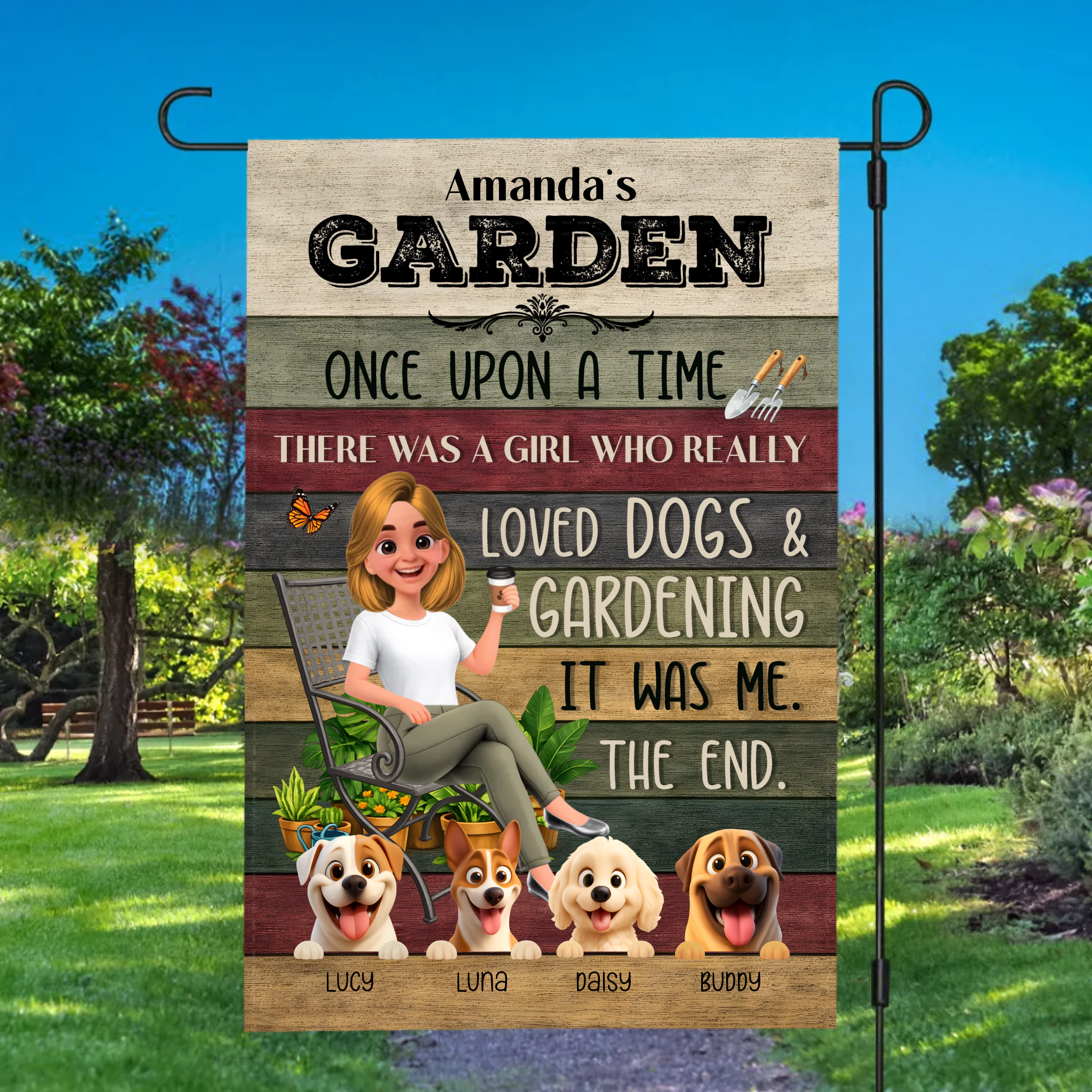 Once Upon A Time Garden Flag – Personalized Funny Story Gardener And Dogs