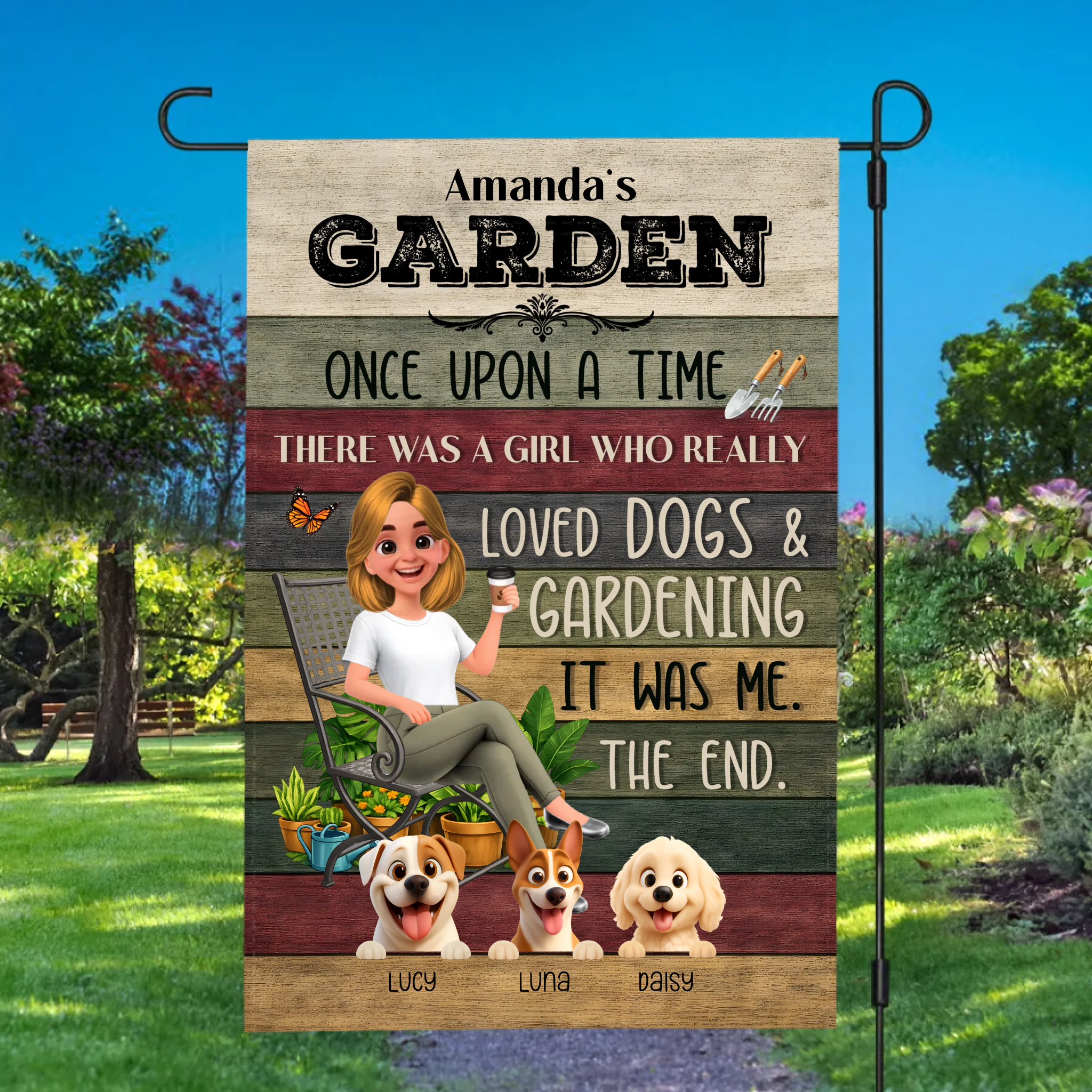 Once Upon A Time Garden Flag – Personalized Funny Story Gardener And Dogs
