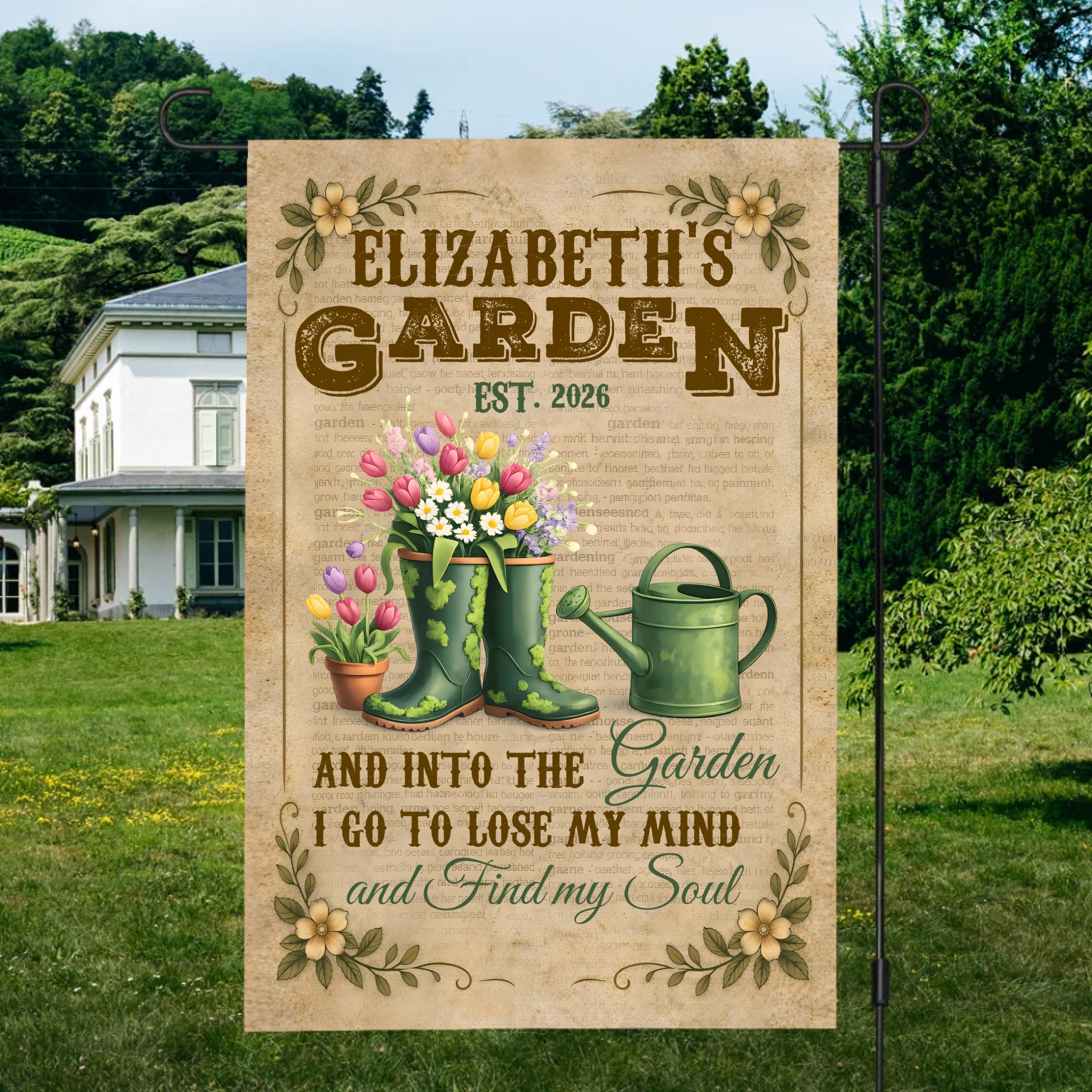 Vintage Outdoor Garden Flag – Unique Green Watering Can Decor Gift