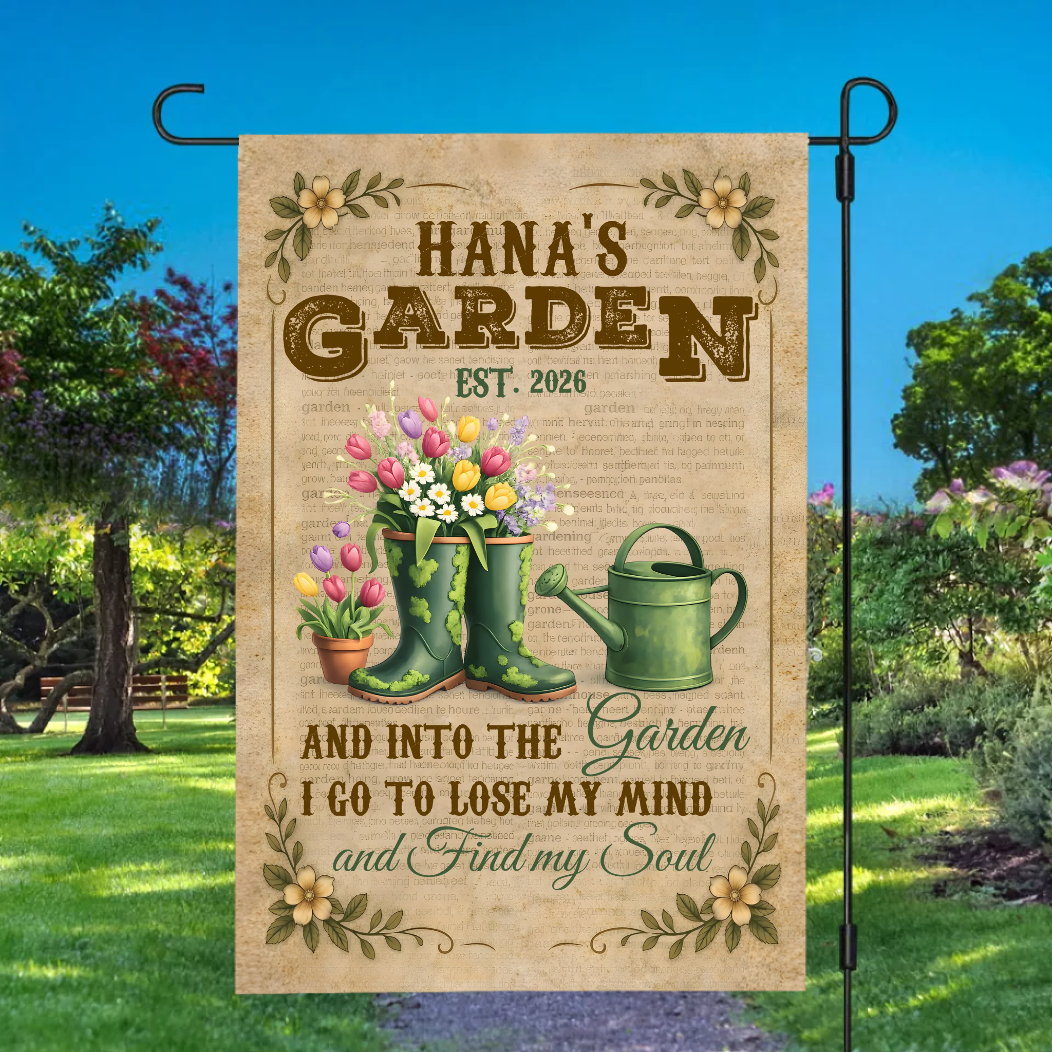 Vintage Outdoor Garden Flag – Unique Green Watering Can Decor Gift