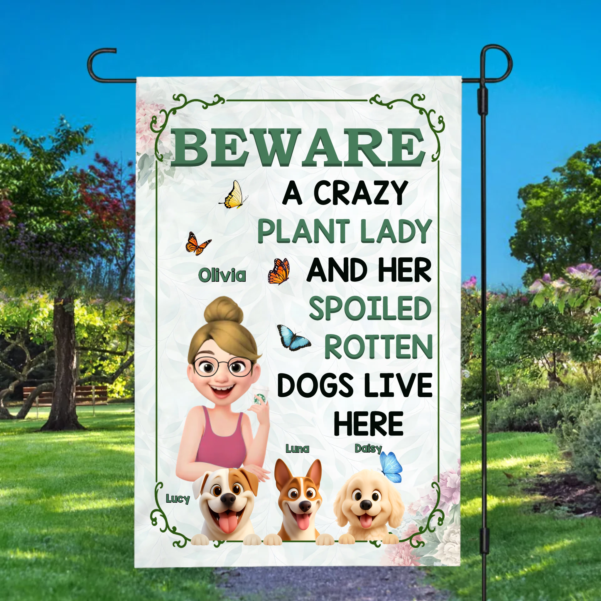 Custom Beware Crazy Plant Lady And Dogs Garden Flag – For Gardeners