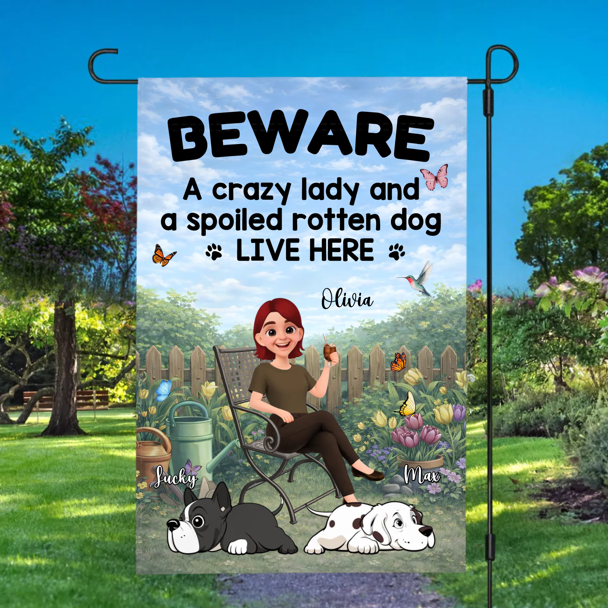 Bespoke Funny Lying Dog Garden Flag – Unique Present For Gardener