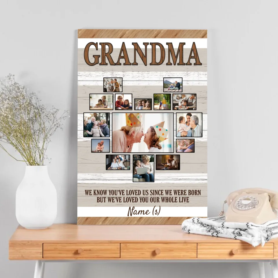 Custom Canvas for Grandma – Heart-Shaped Photo Collage with a Loving Message