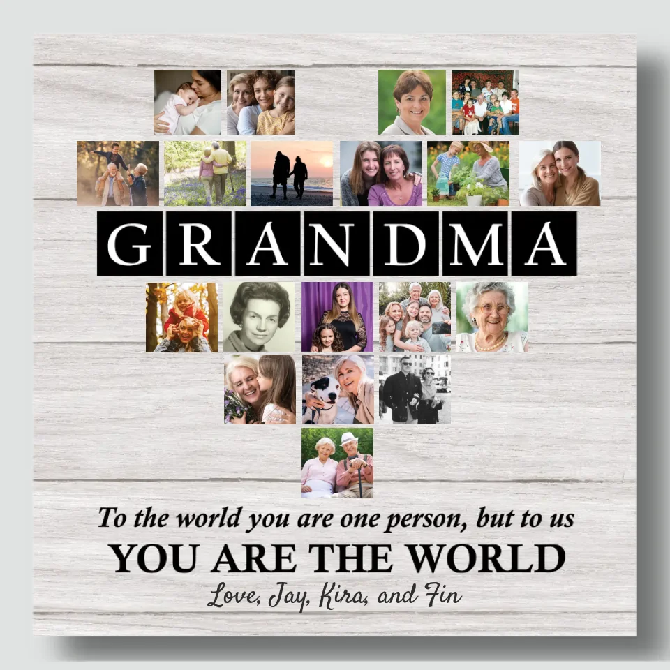 Personalized Heart-Shaped Photo Canvas for Grandma – You Are the World