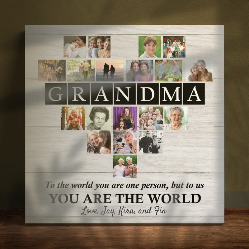 Personalized Heart-Shaped Photo Canvas for Grandma – You Are the World