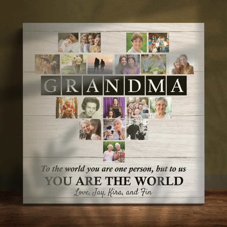 Personalized Heart-Shaped Photo Canvas for Grandma – You Are the World