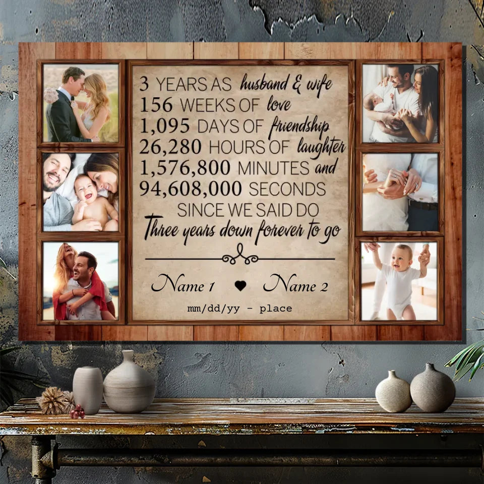 Personalized 3rd Anniversary Canvas - Custom Name & 6 Photo Collage for Couples