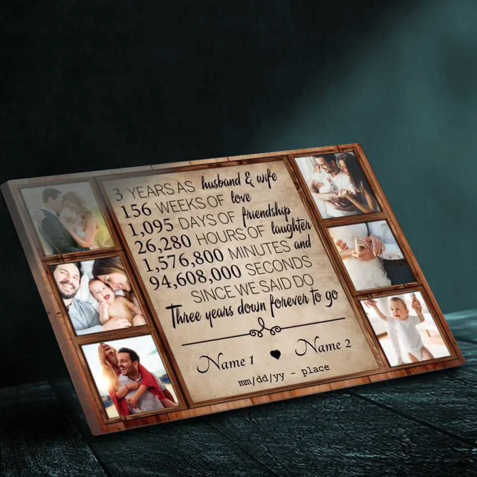 Personalized 3rd Anniversary Canvas - Custom Name & 6 Photo Collage for Couples