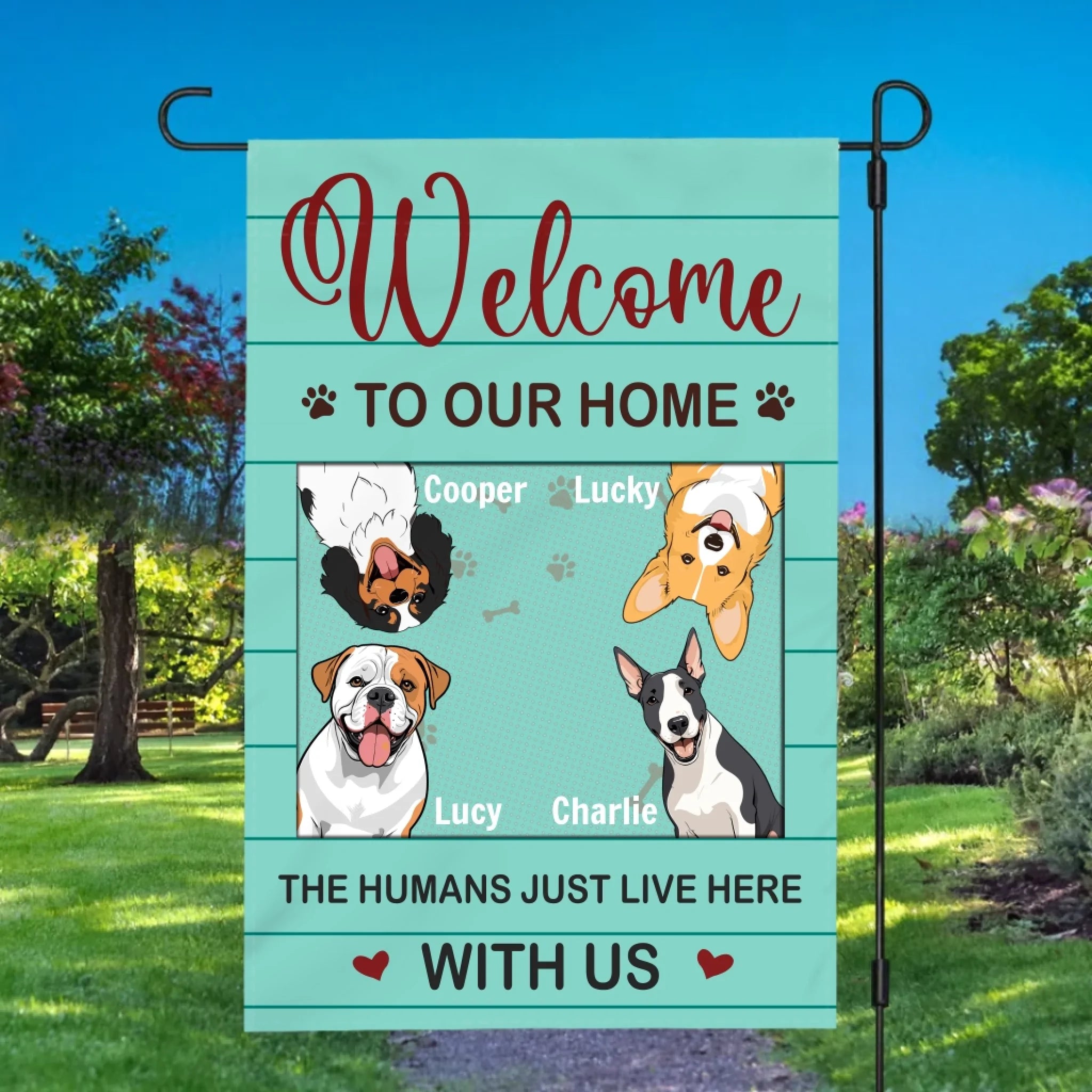 Welcome to Our Home Dog Flag – Custom Names & Icons by 89Prints