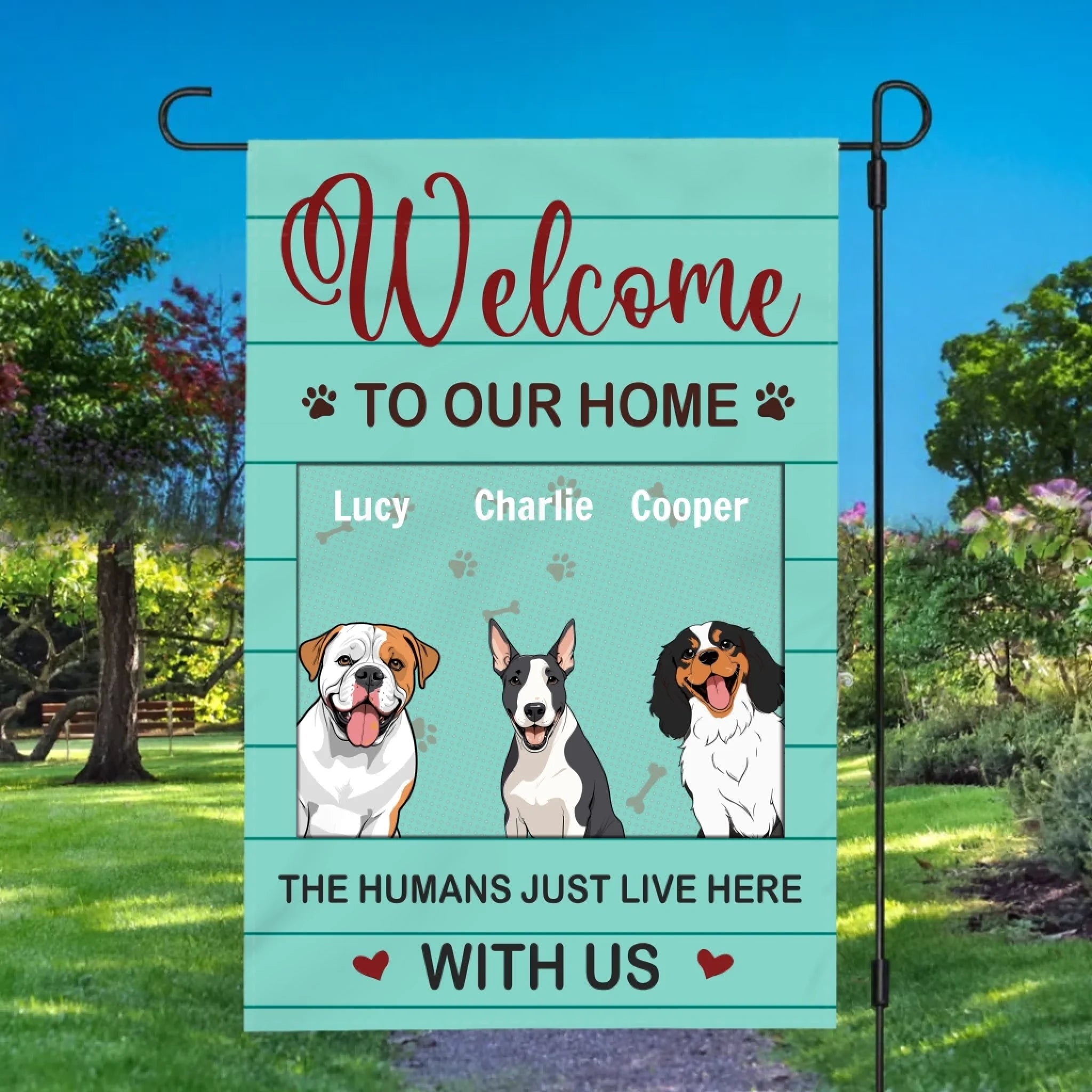 Welcome to Our Home Dog Flag – Custom Names & Icons by 89Prints