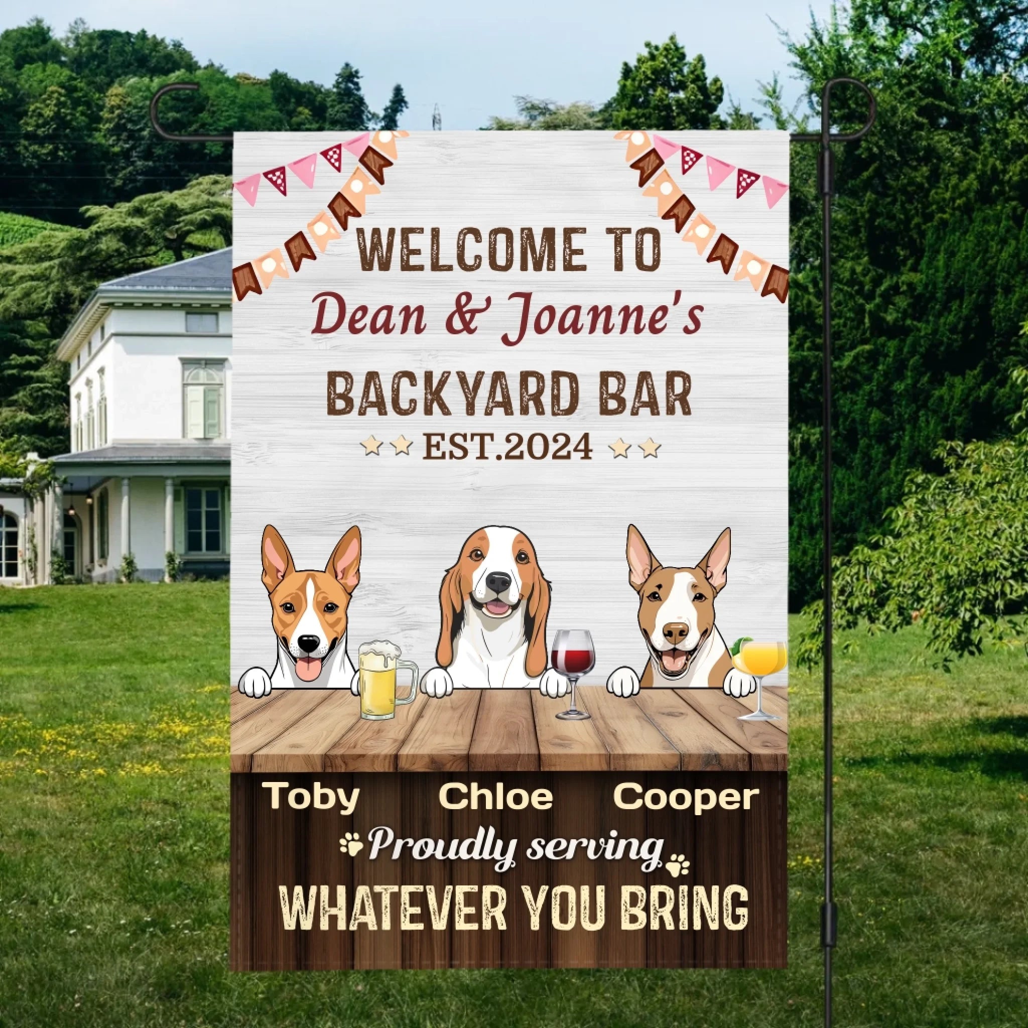Personalized Dog Flag Backyard Bar Sign – Custom Dog Images & Names by 89Prints