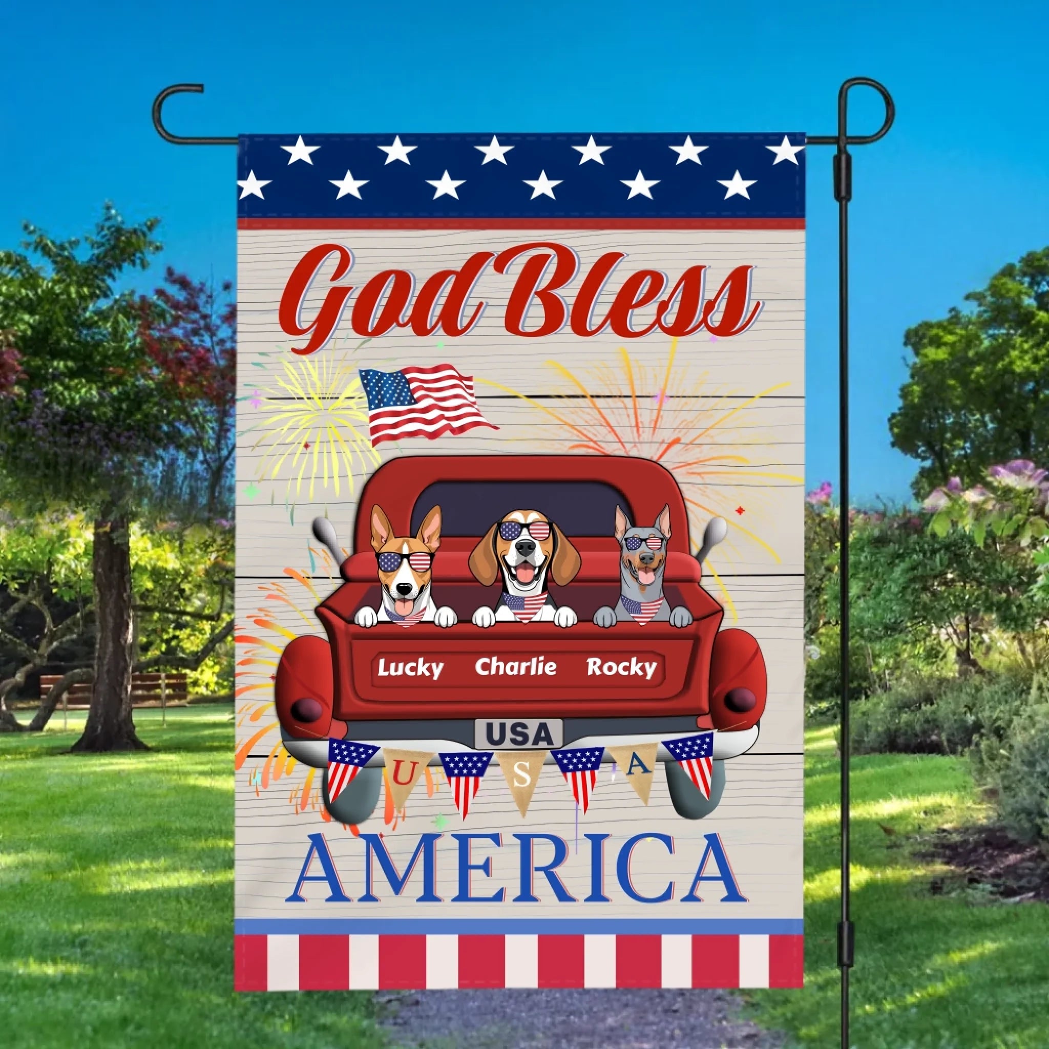 Patriotic Custom Dog Flag – Bless America with Your Dog’s Name by 89Prints