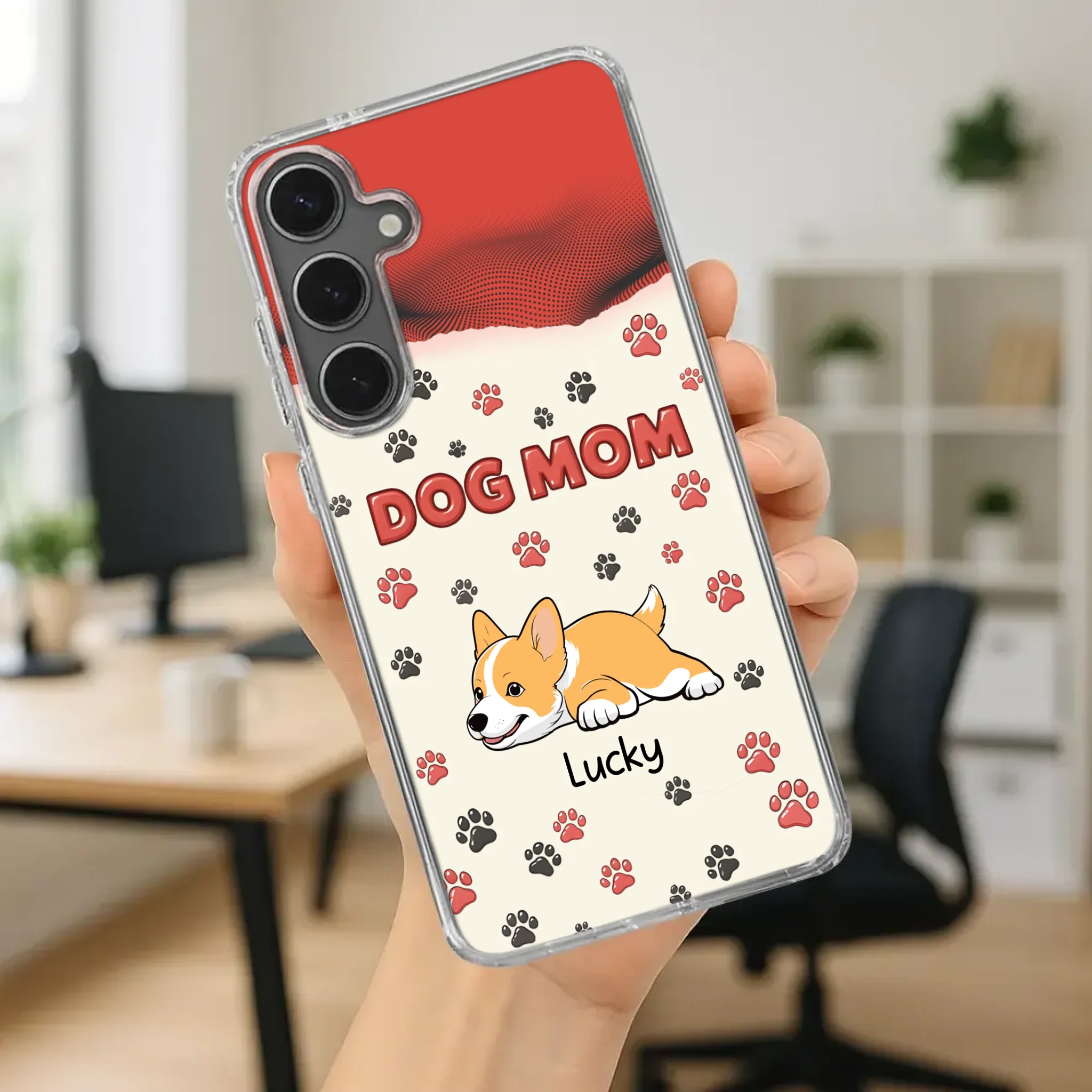 Cute Dog Mom Case – Playful Corgi & Paw Prints Design - 89Prints