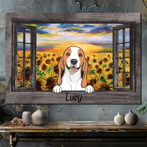 Personalized Dog Canvas – Sunflower Field Window Frame Art – 89Prints