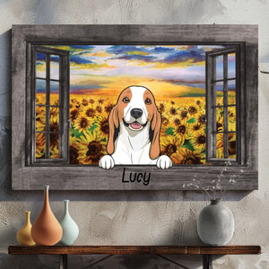 Personalized Dog Canvas – Sunflower Field Window Frame Art – 89Prints