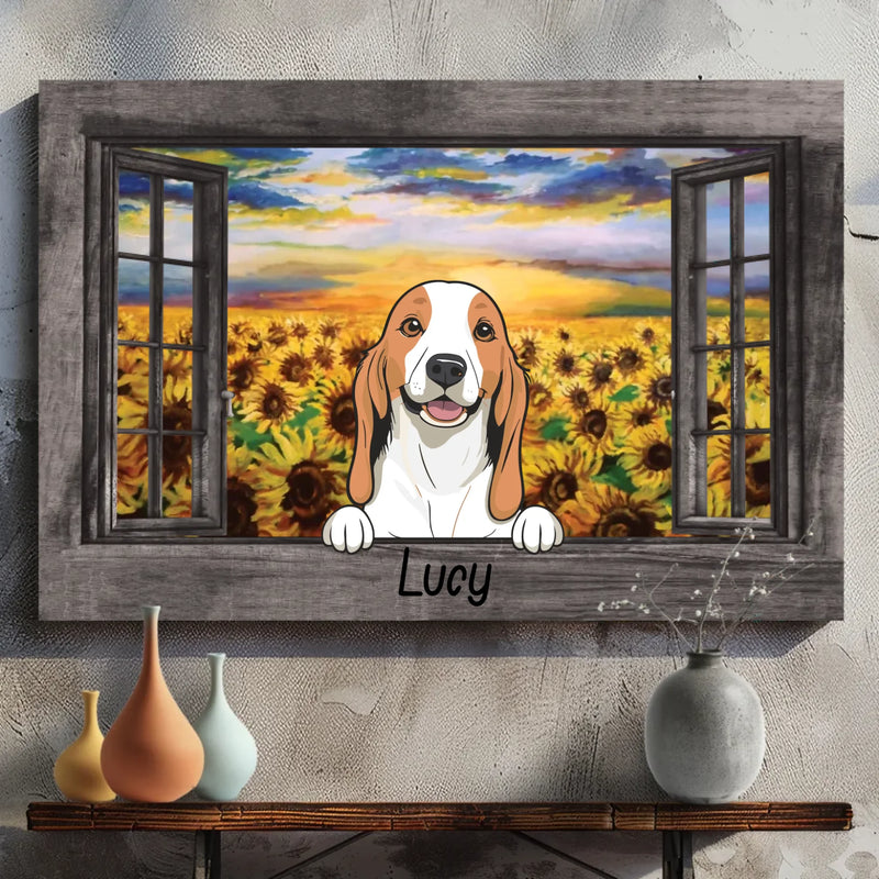Personalized Dog Canvas – Sunflower Field Window Frame Art – 89Prints