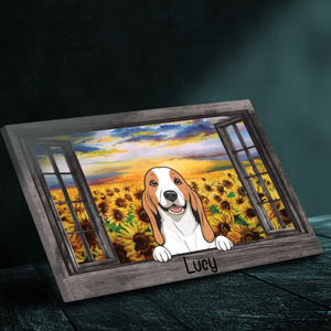 Personalized Dog Canvas – Sunflower Field Window Frame Art – 89Prints