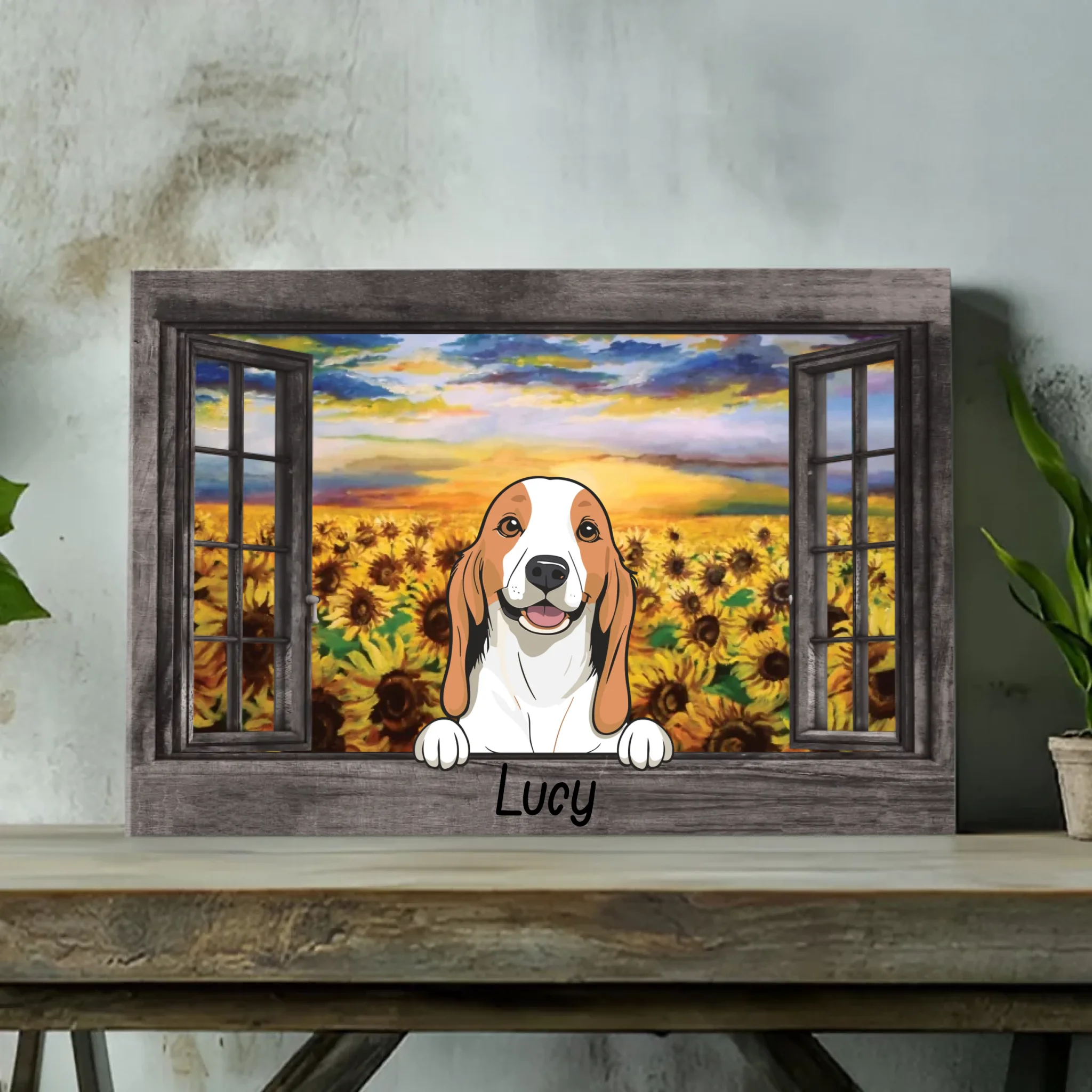 Personalized Dog Canvas – Sunflower Field Window Frame Art – 89Prints