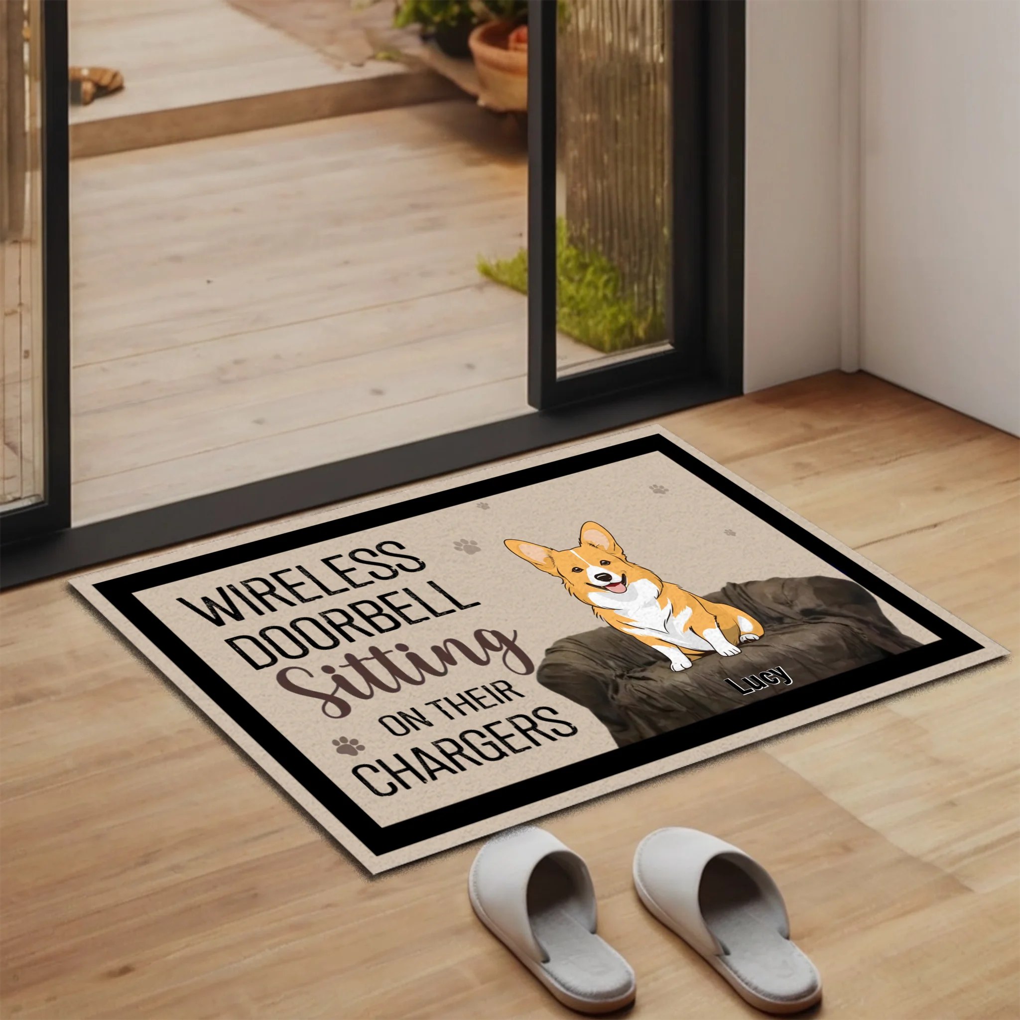 Wireless Doorbell Sitting on Their Chargers – Funny Dog Doormat - 89Prints