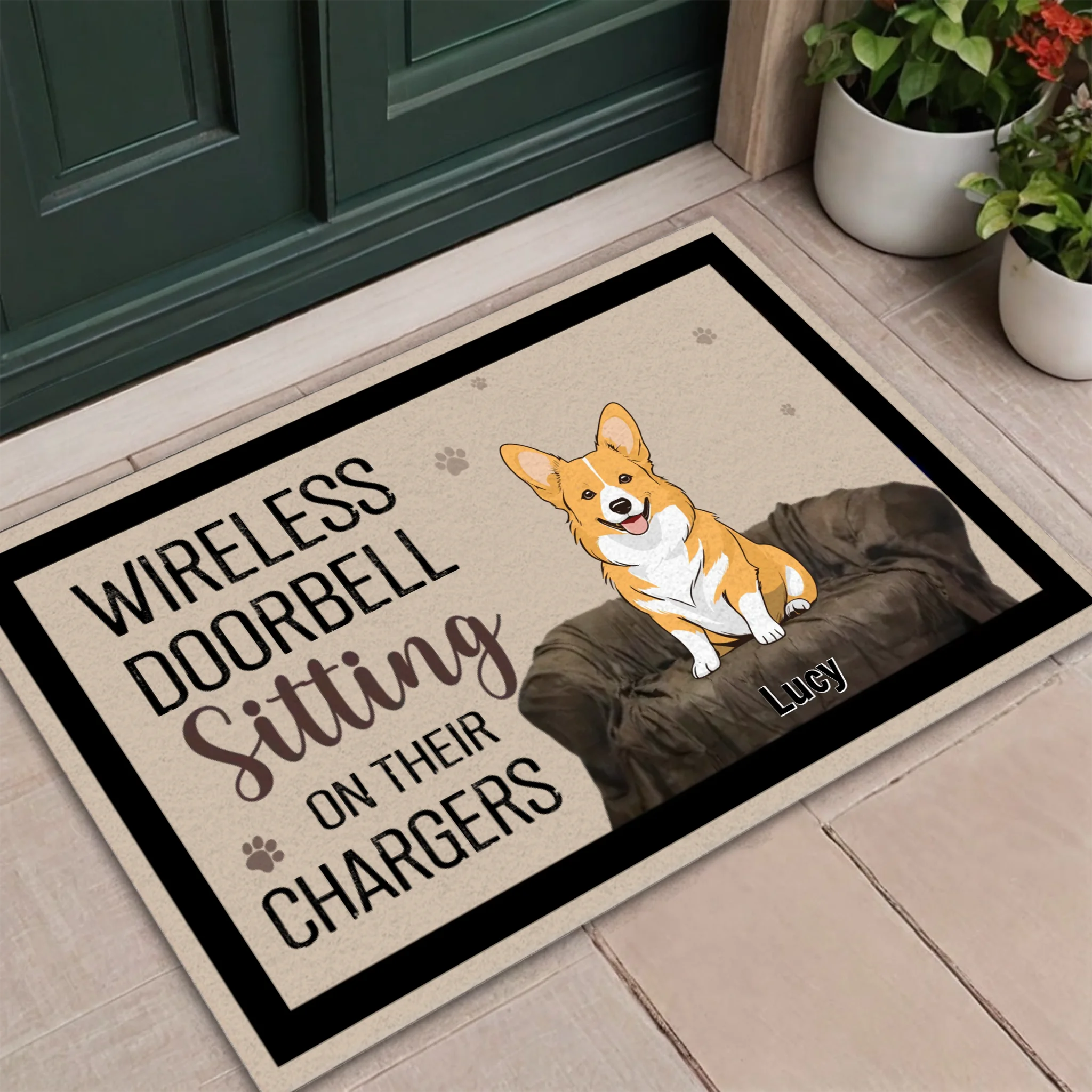 Wireless Doorbell Sitting on Their Chargers – Funny Dog Doormat - 89Prints