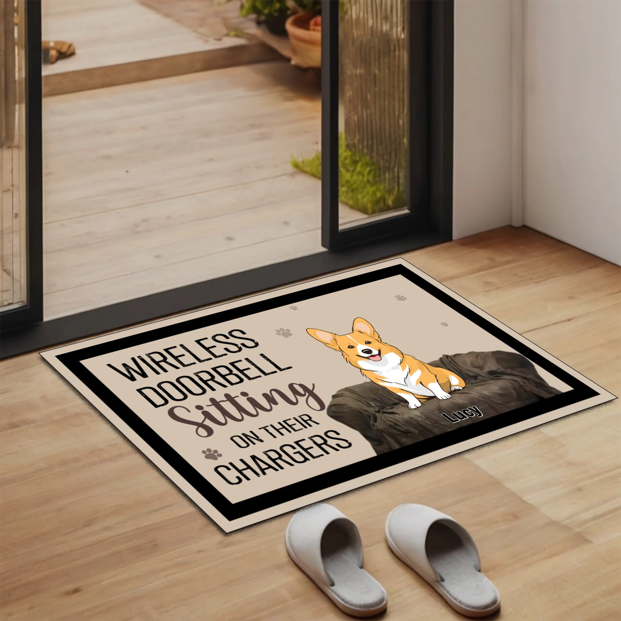 Wireless Doorbell Sitting on Their Chargers – Funny Dog Doormat - 89Prints